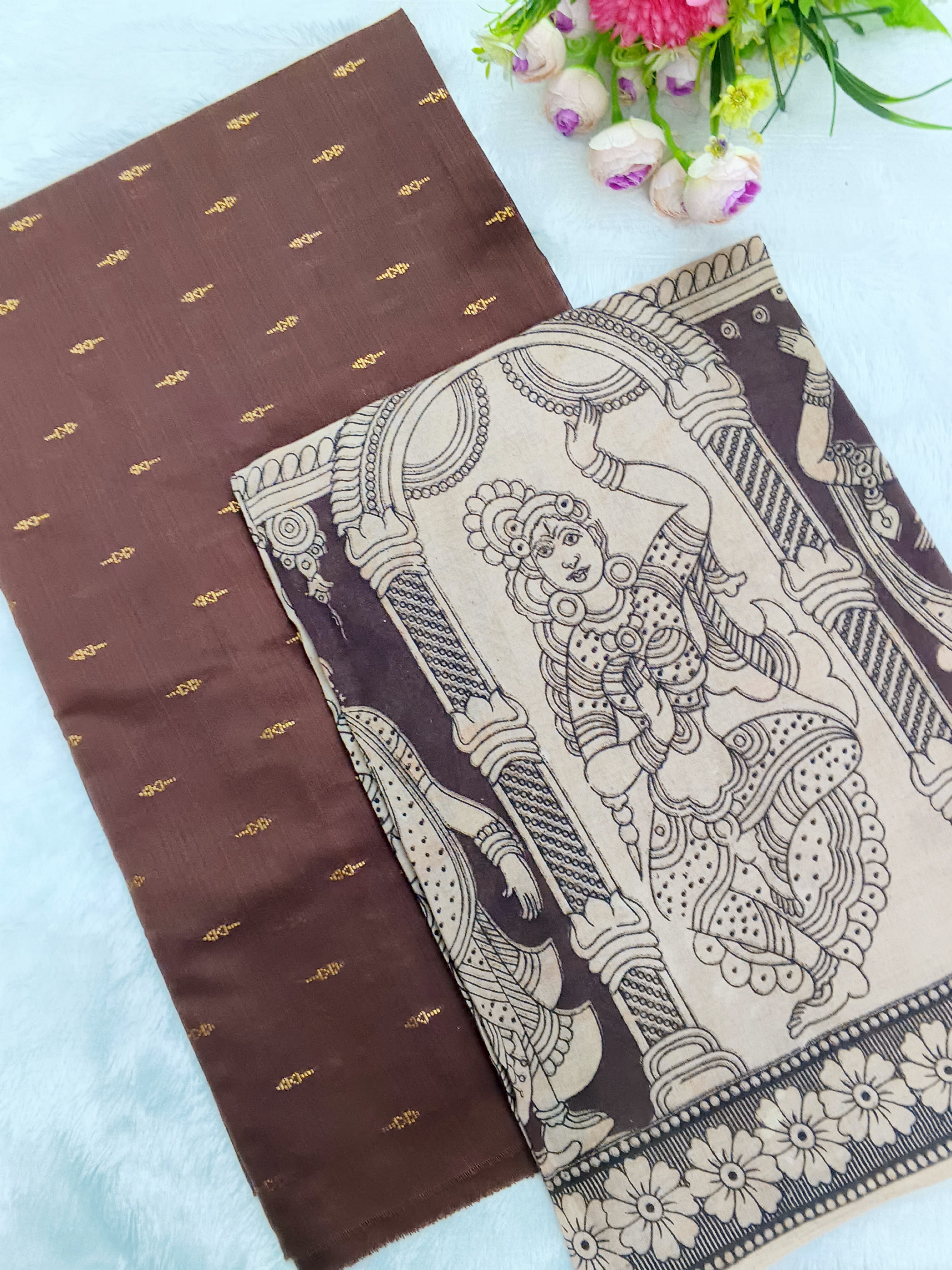 chocolate brown kalamkari duppata with raw silk top 2 piece set
