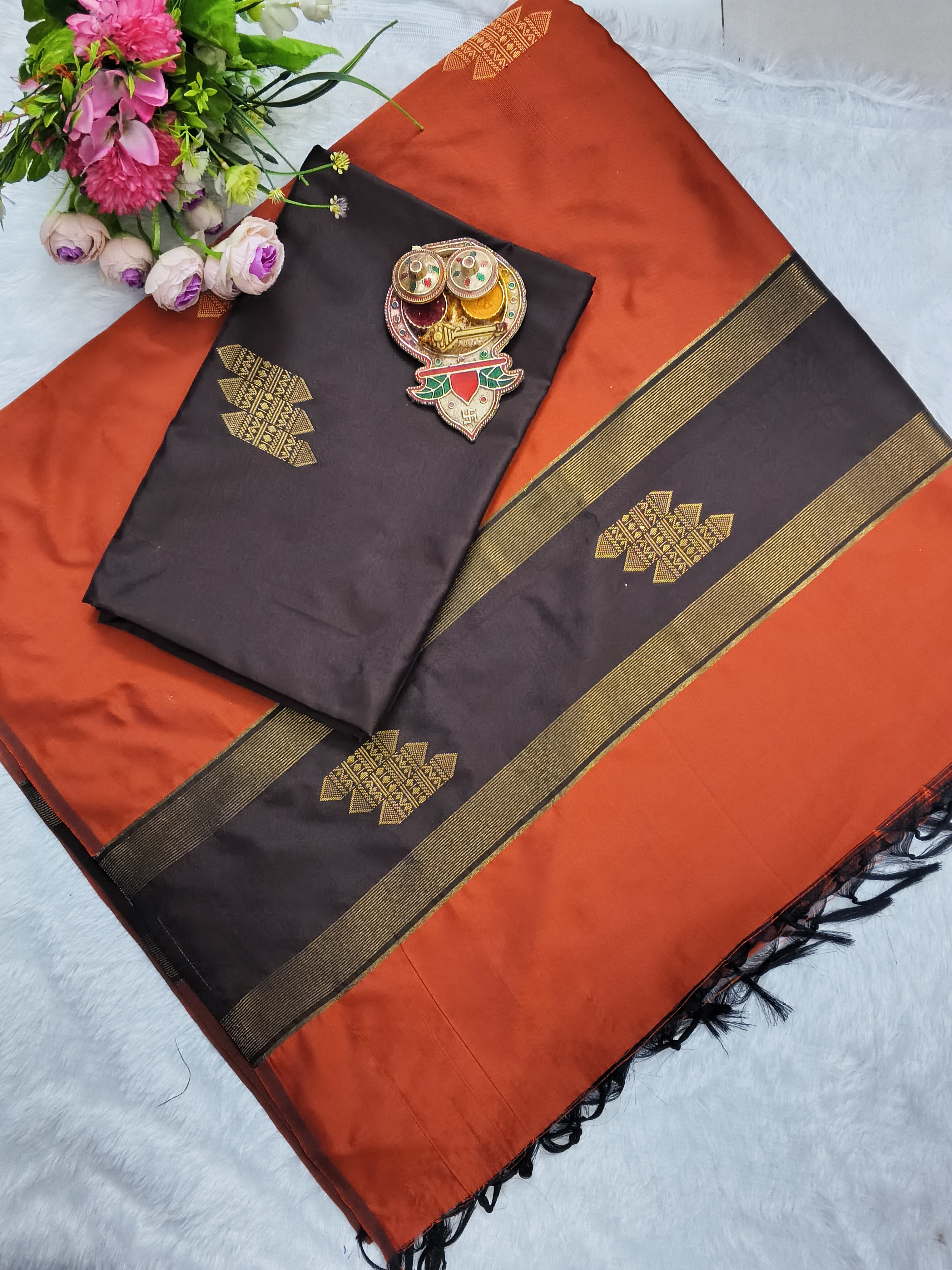 chocolate brown with rust orange soft silk 2 piece set