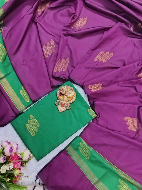 emerald green with rich purple colour soft silk 2 piece set