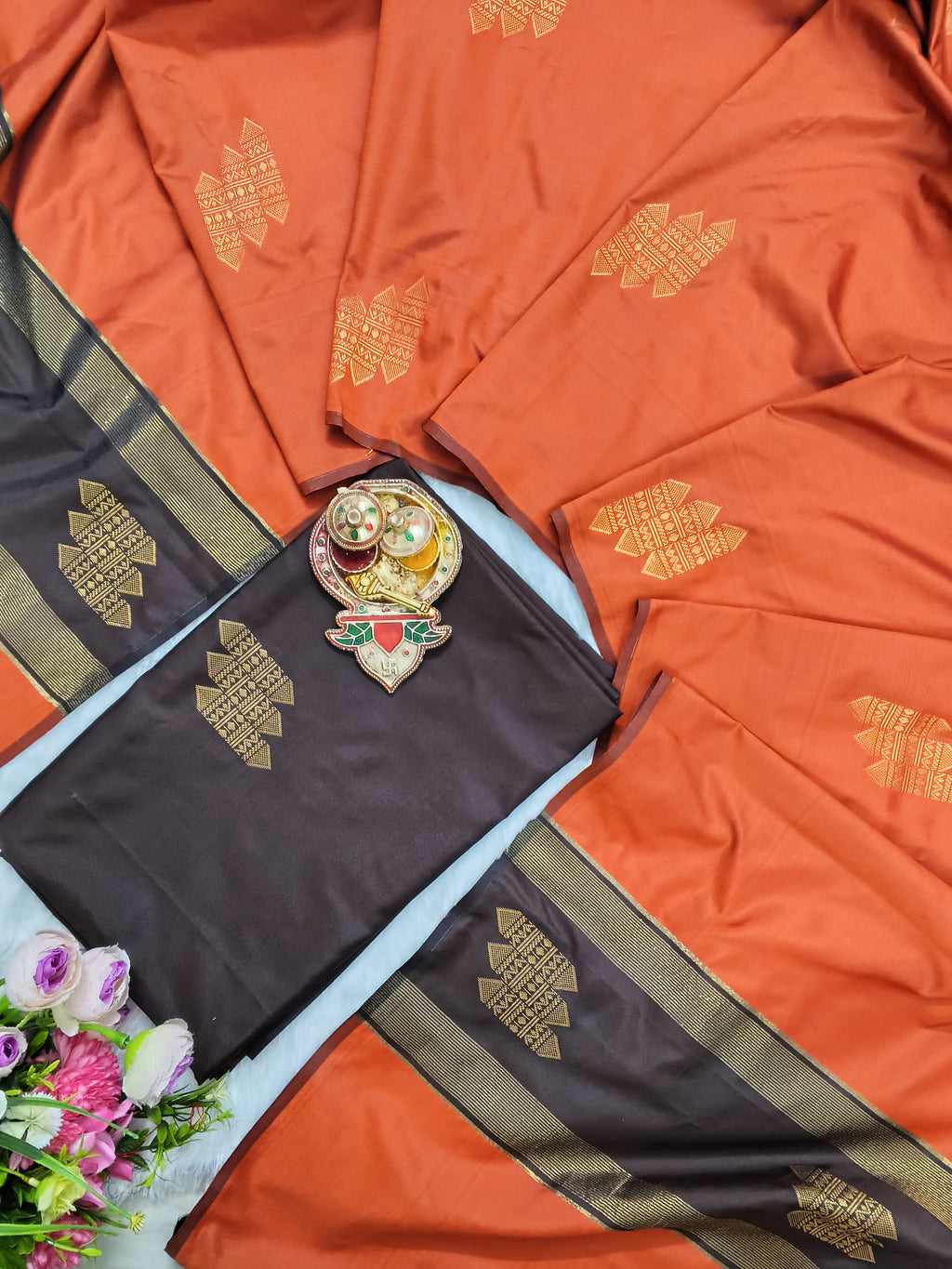chocolate brown with rust orange soft silk 2 piece set