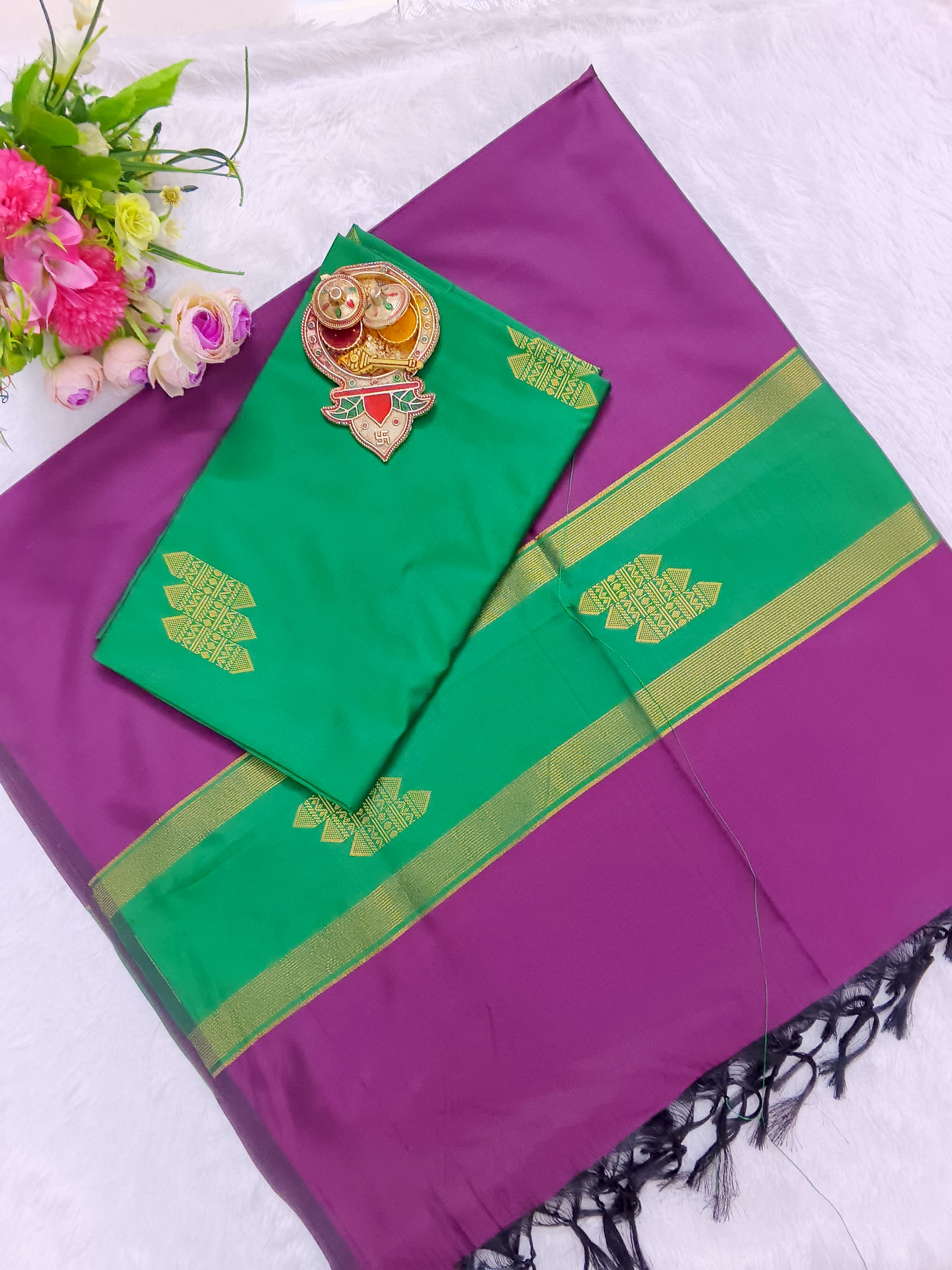 emerald green with rich purple colour soft silk 2 piece set