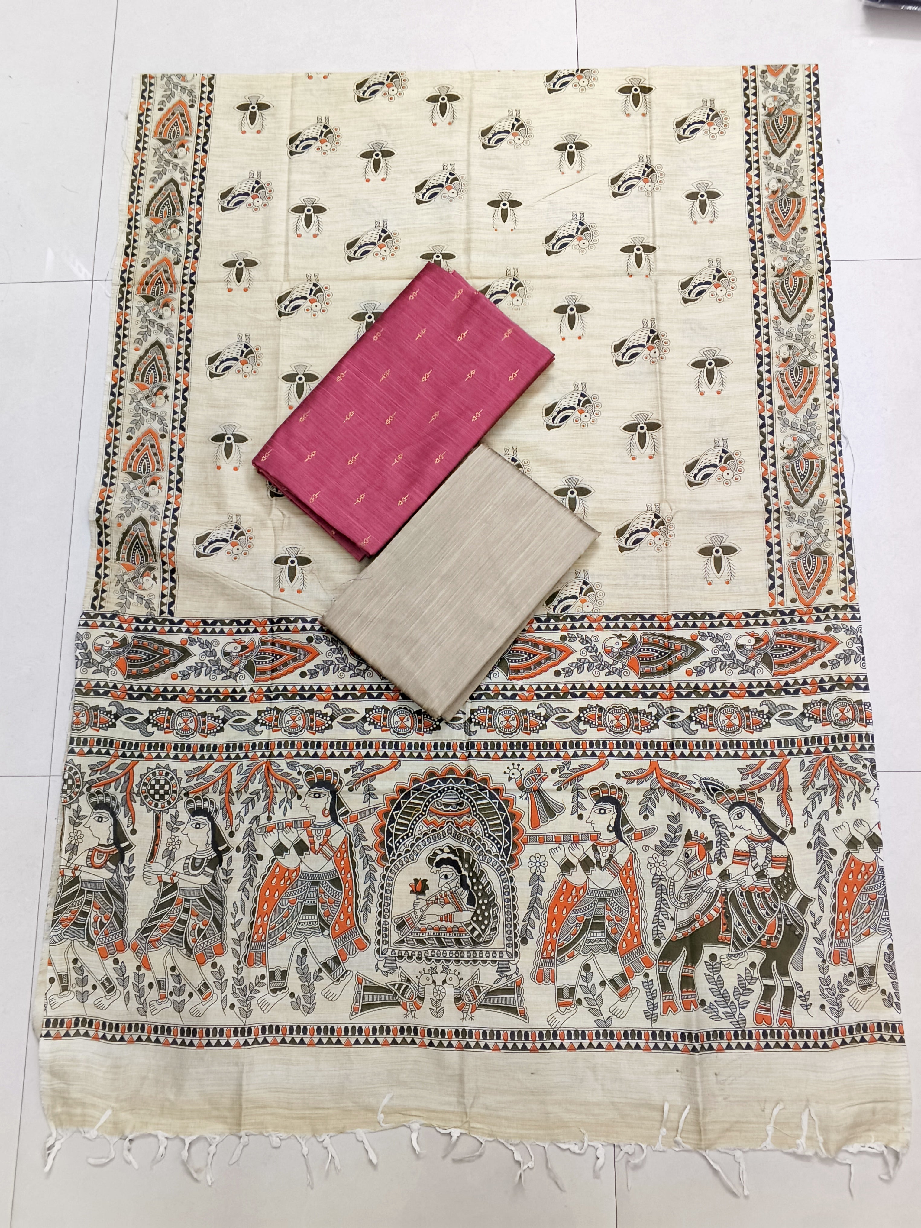 peech colour madhubani 3 piece set