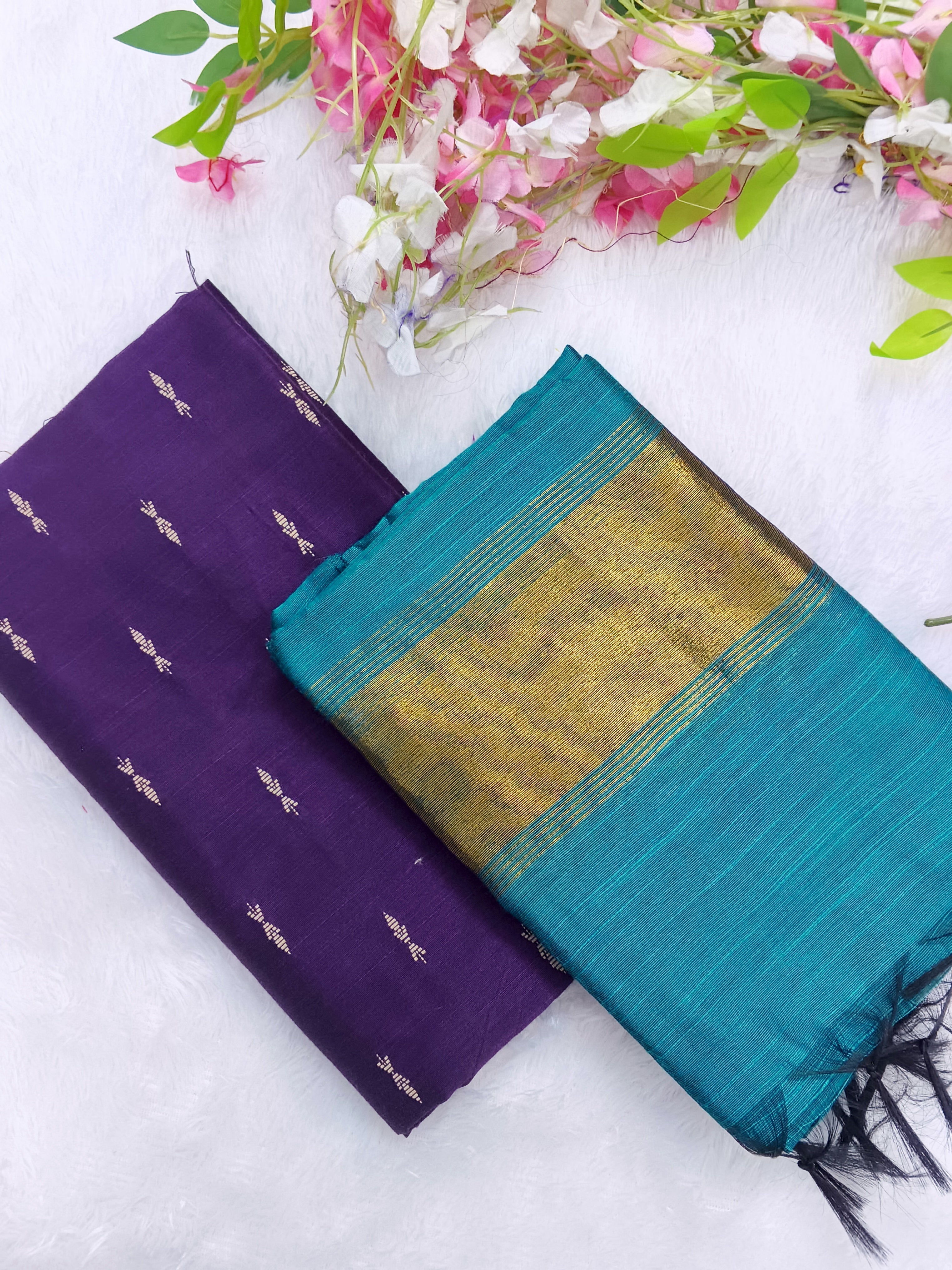 dark purple raw silk top with skyblue duppata