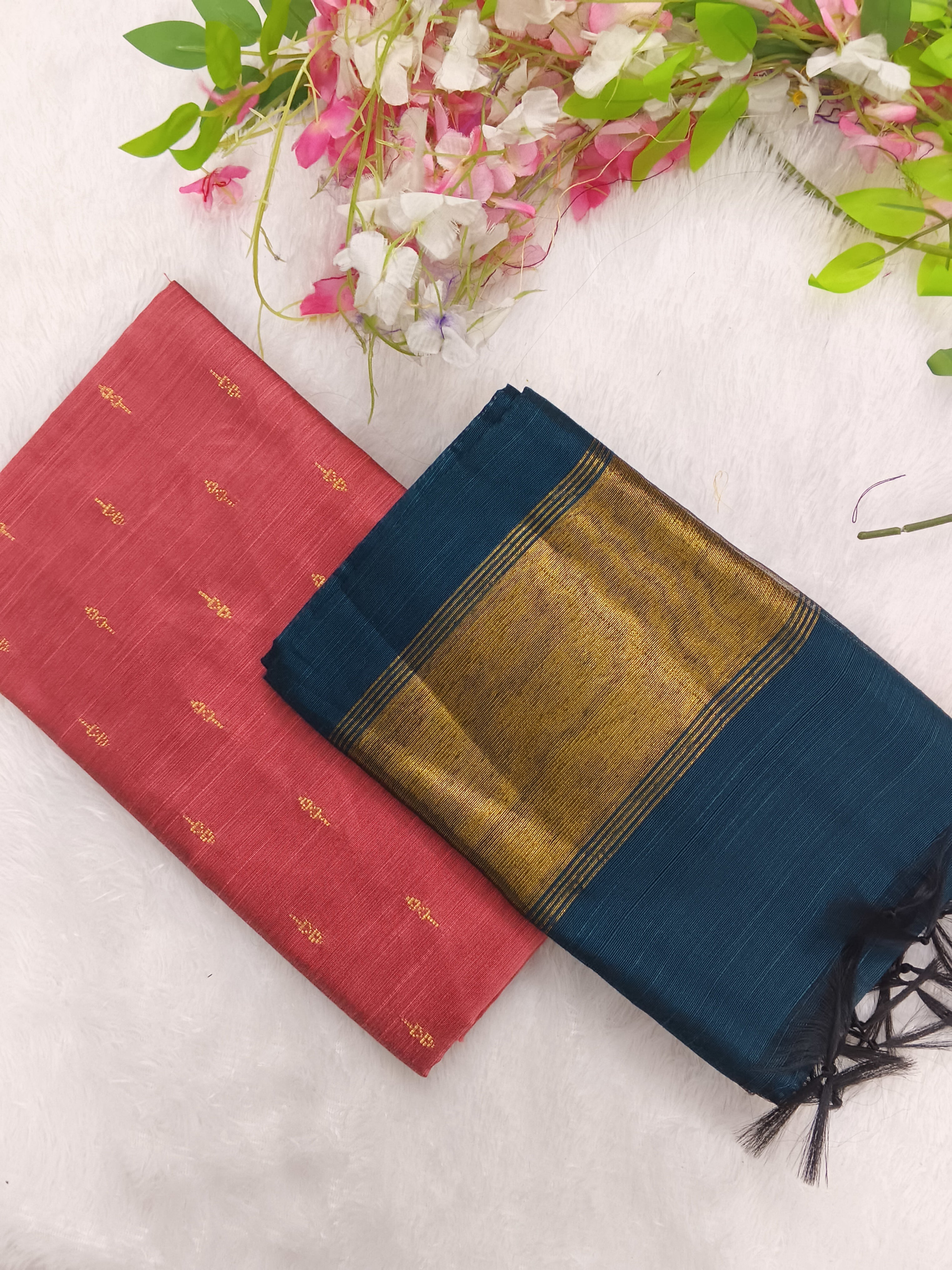 peech colour top with mayil blue tissue border duppata