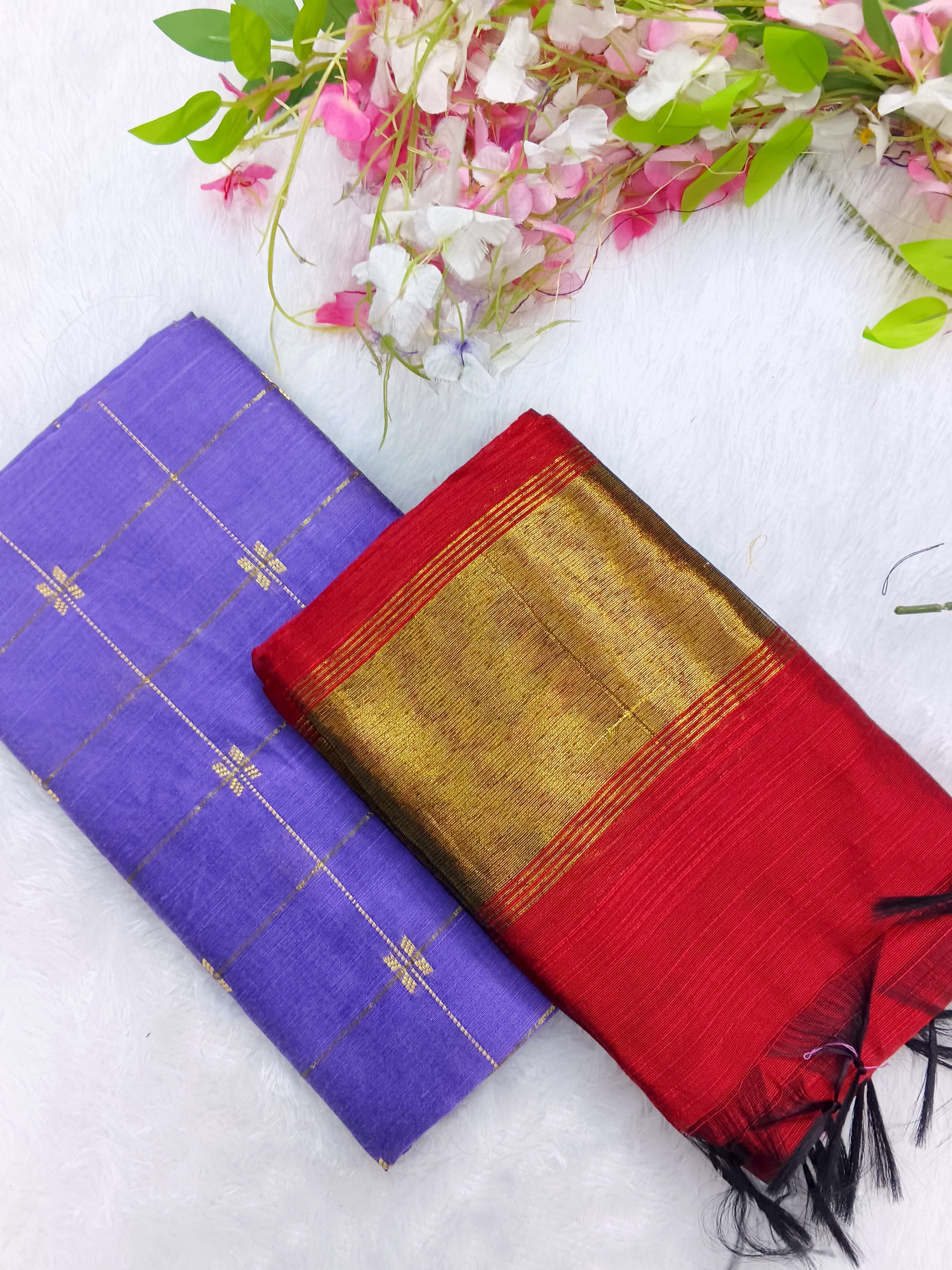 lavendor raw silk top with red tissue border duppata