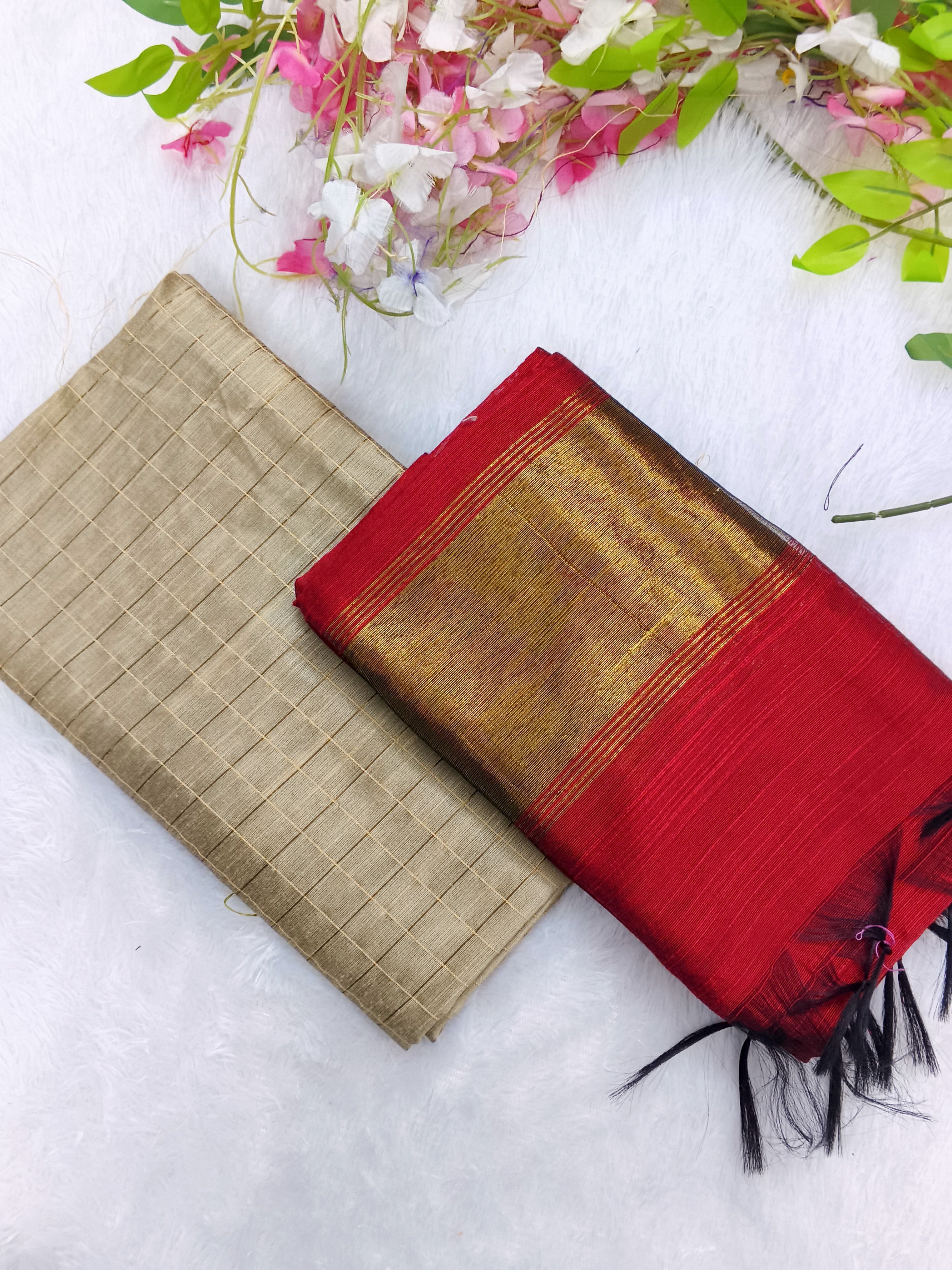 half white cheked top with red tissue border duppata