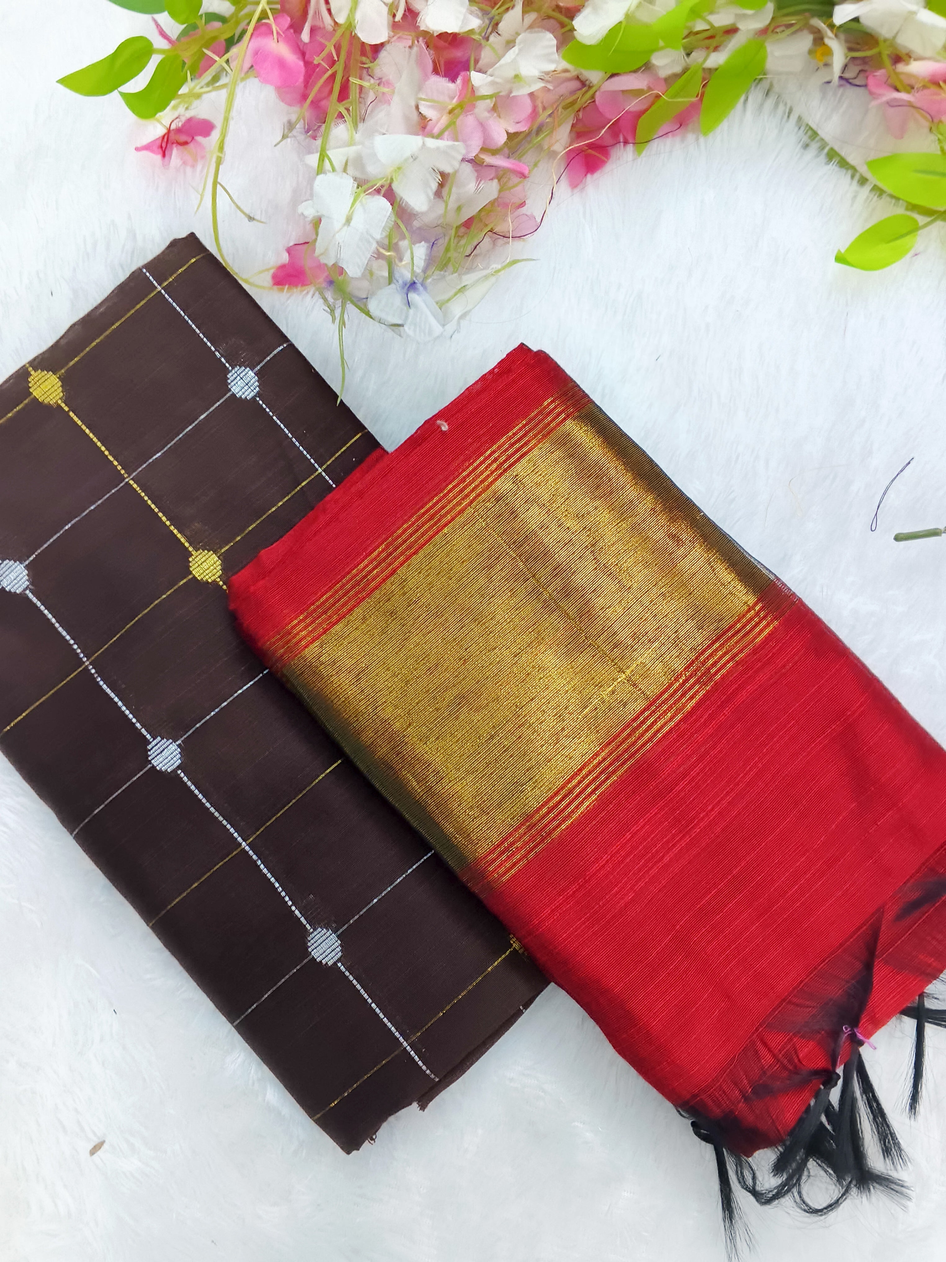 chocolate brown with red tissue border duppata