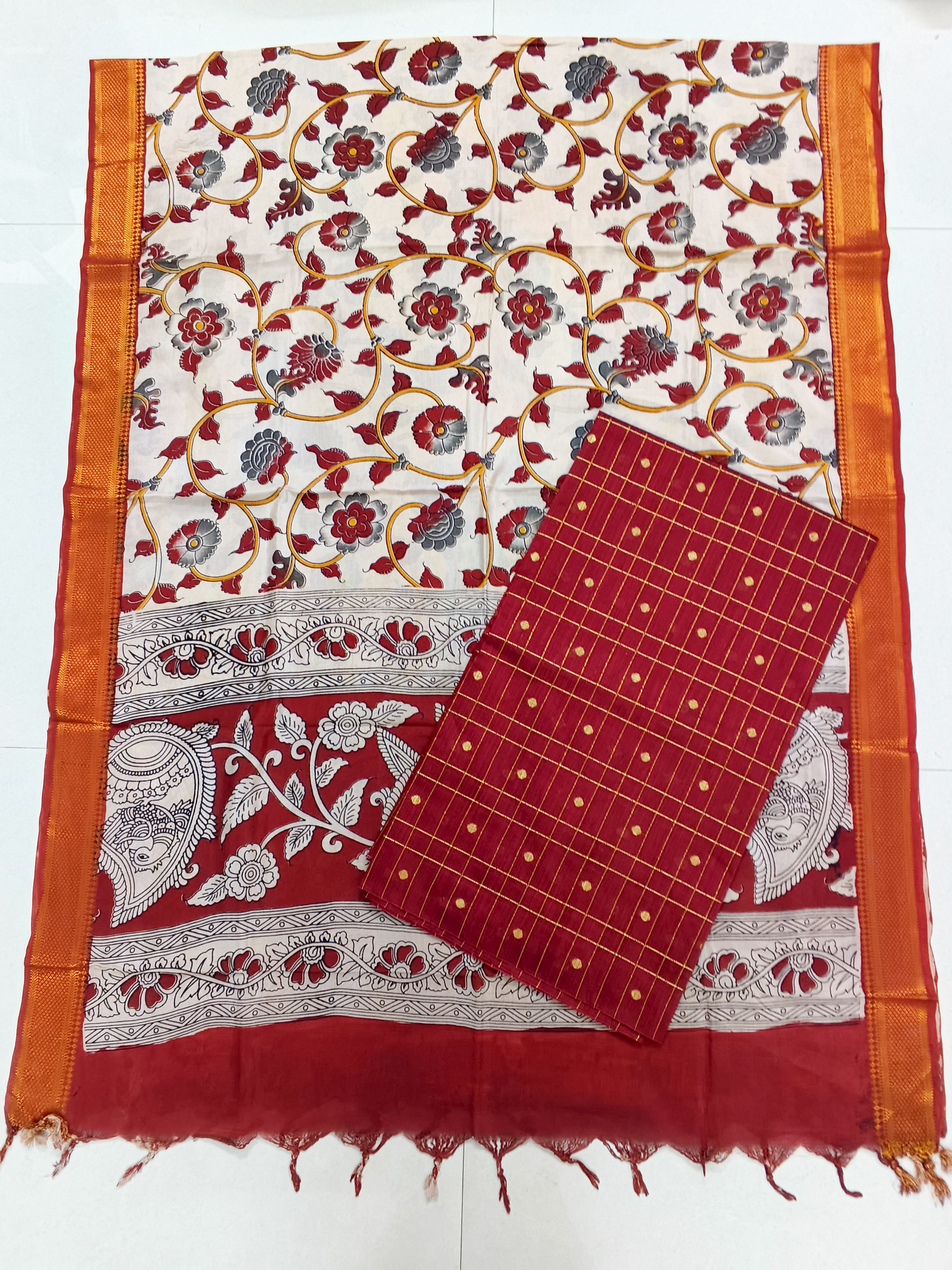 marron loral design chennuri silk duppata with raw silk top