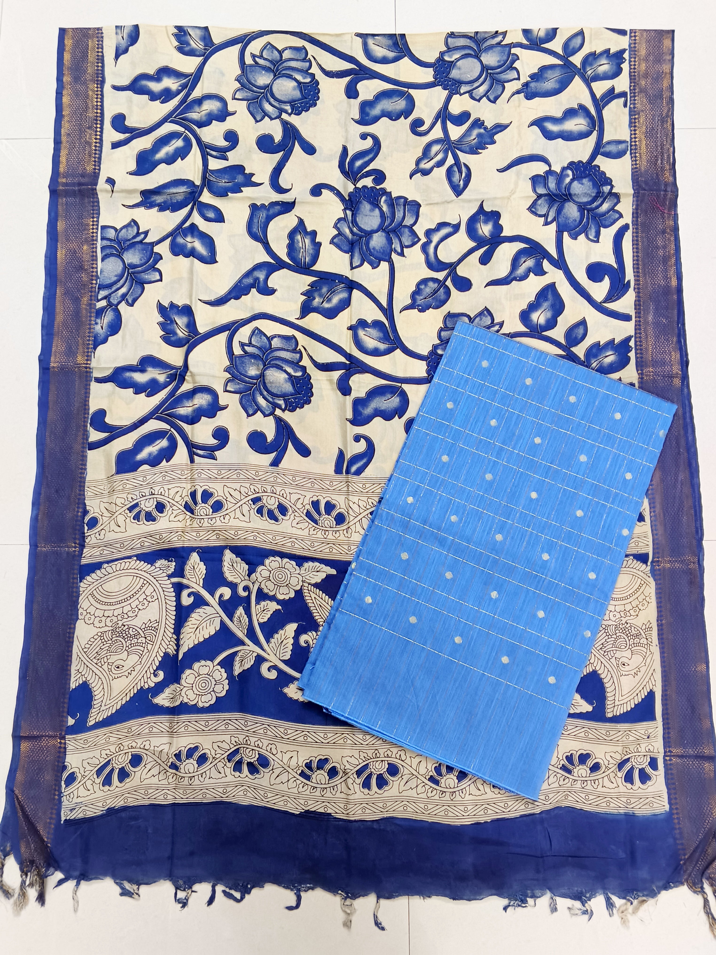royal blue chennuri silk duppata with skyblue blue raw silk top