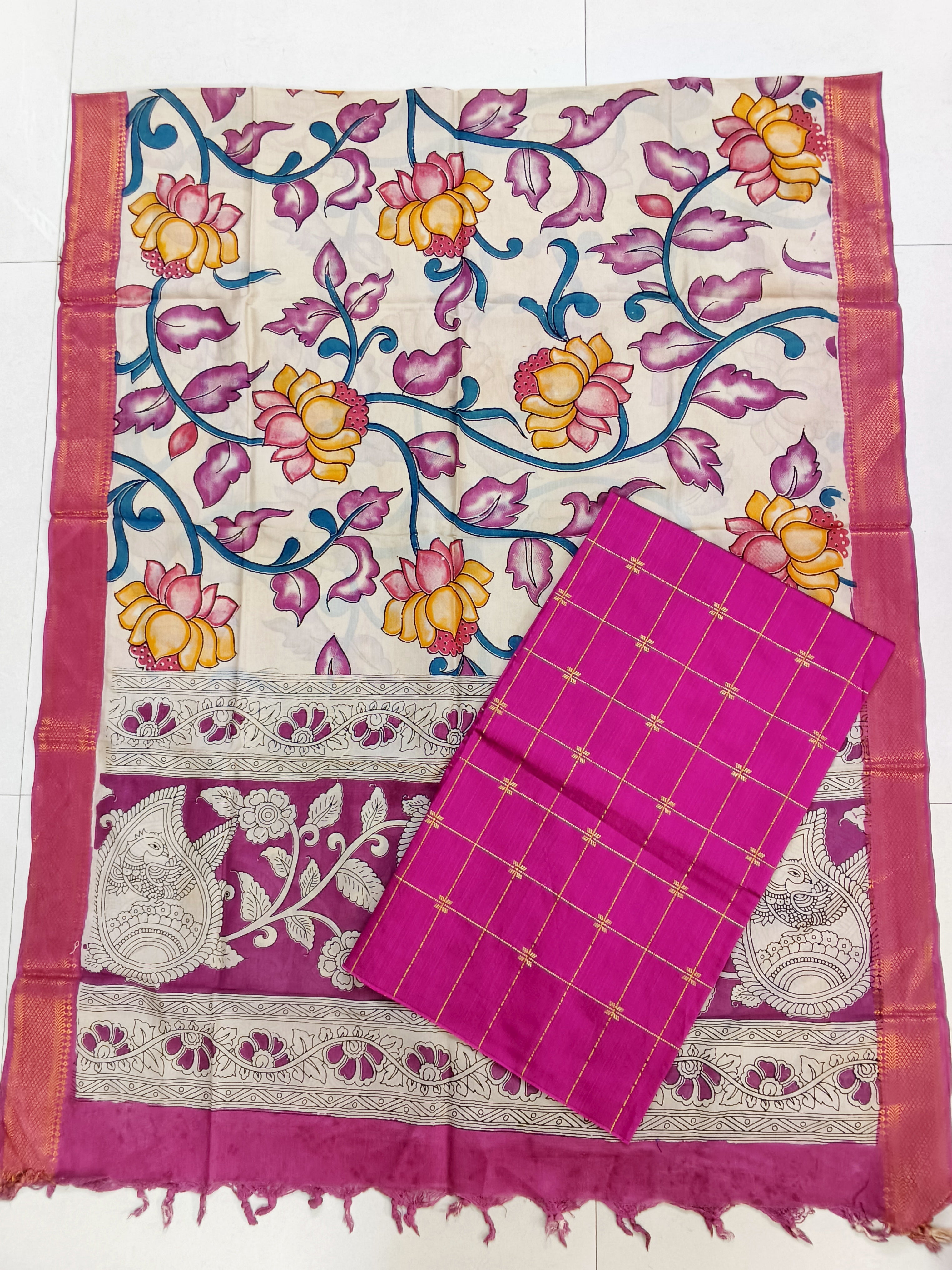 rani pink chennuri silk duppata with raw silk top