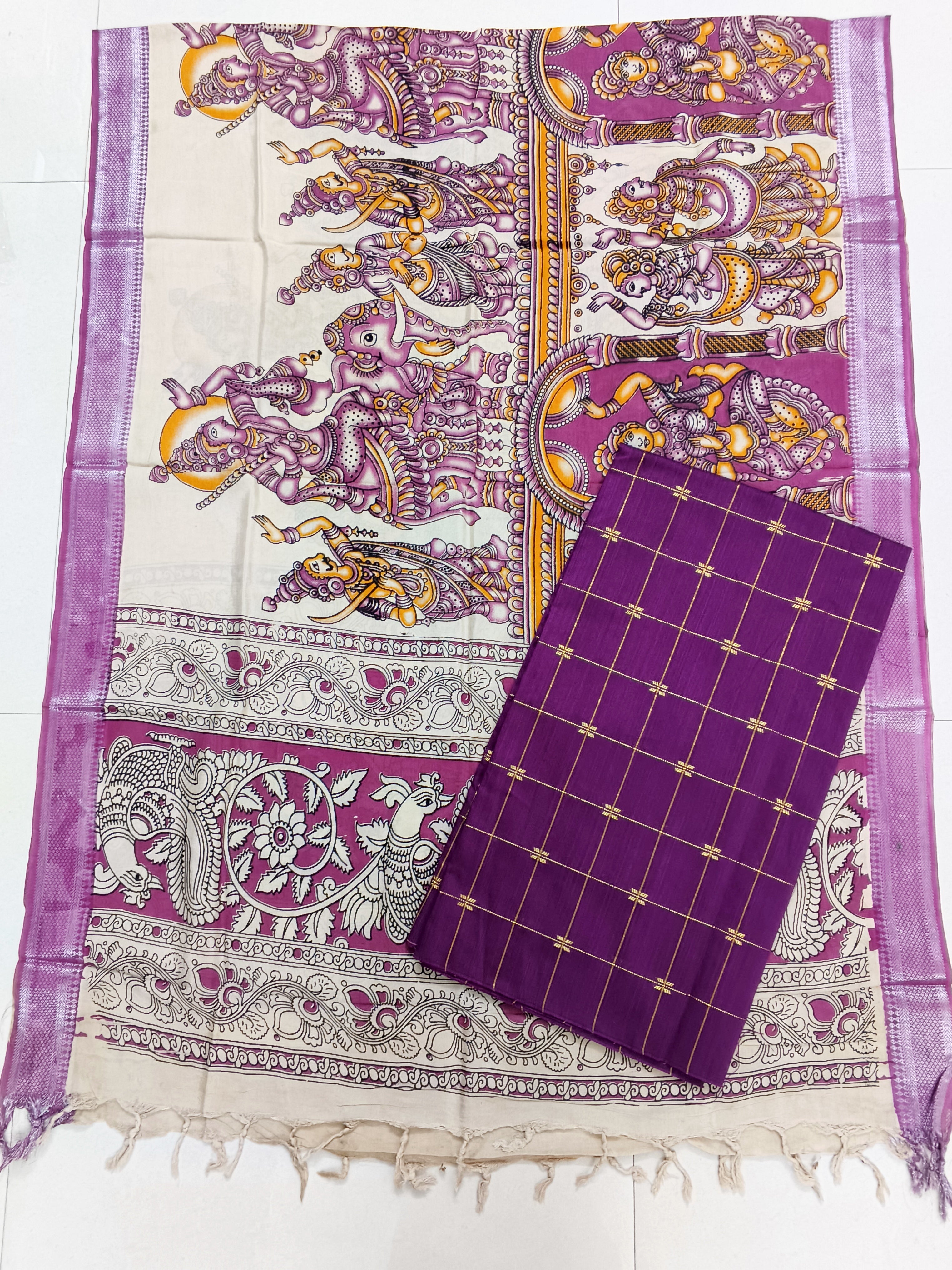 dark purple chennuri silk duppata with raw silk checked top
