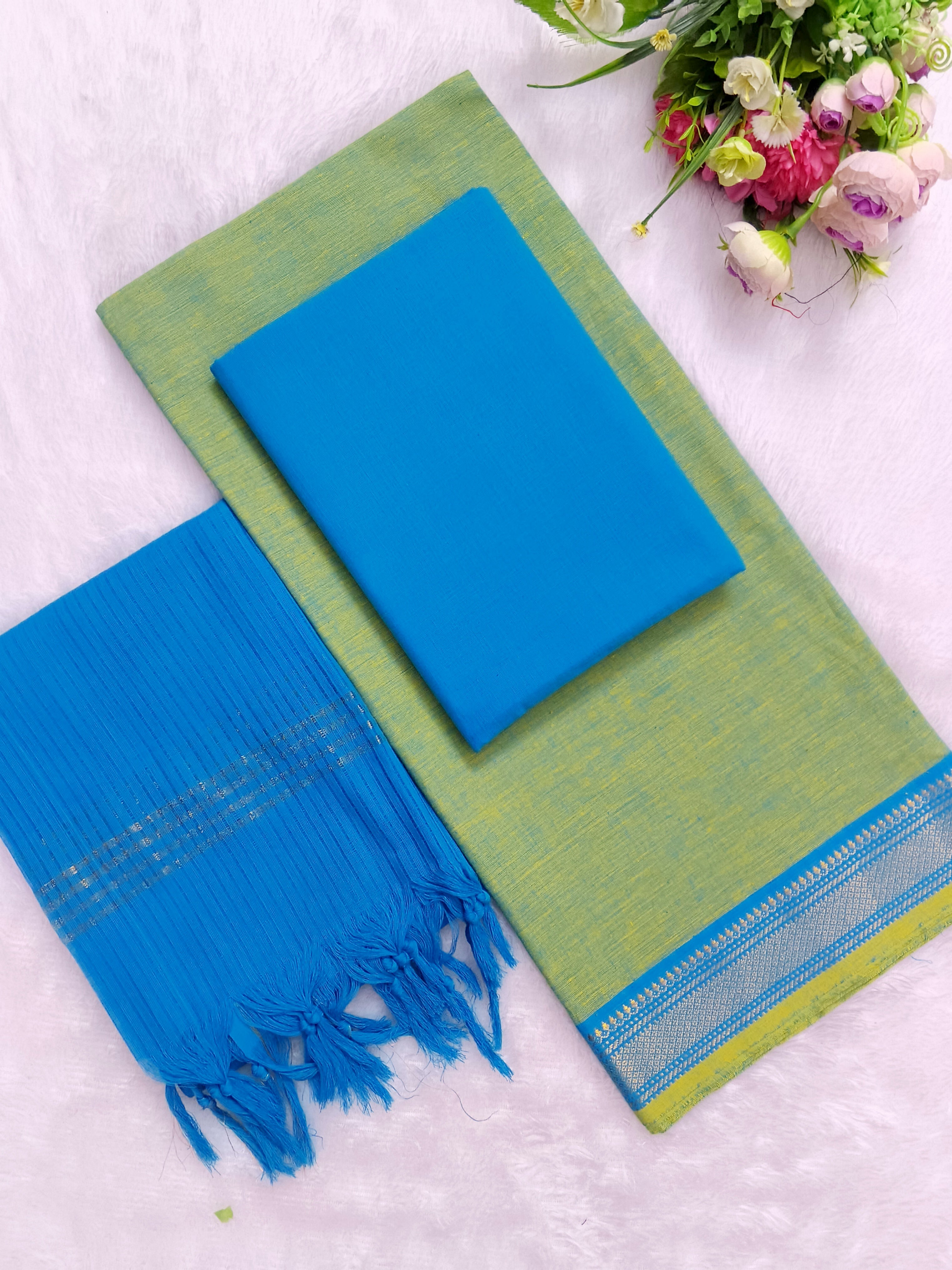 lime green with skyblue mangalagiri cotton 3 piece set
