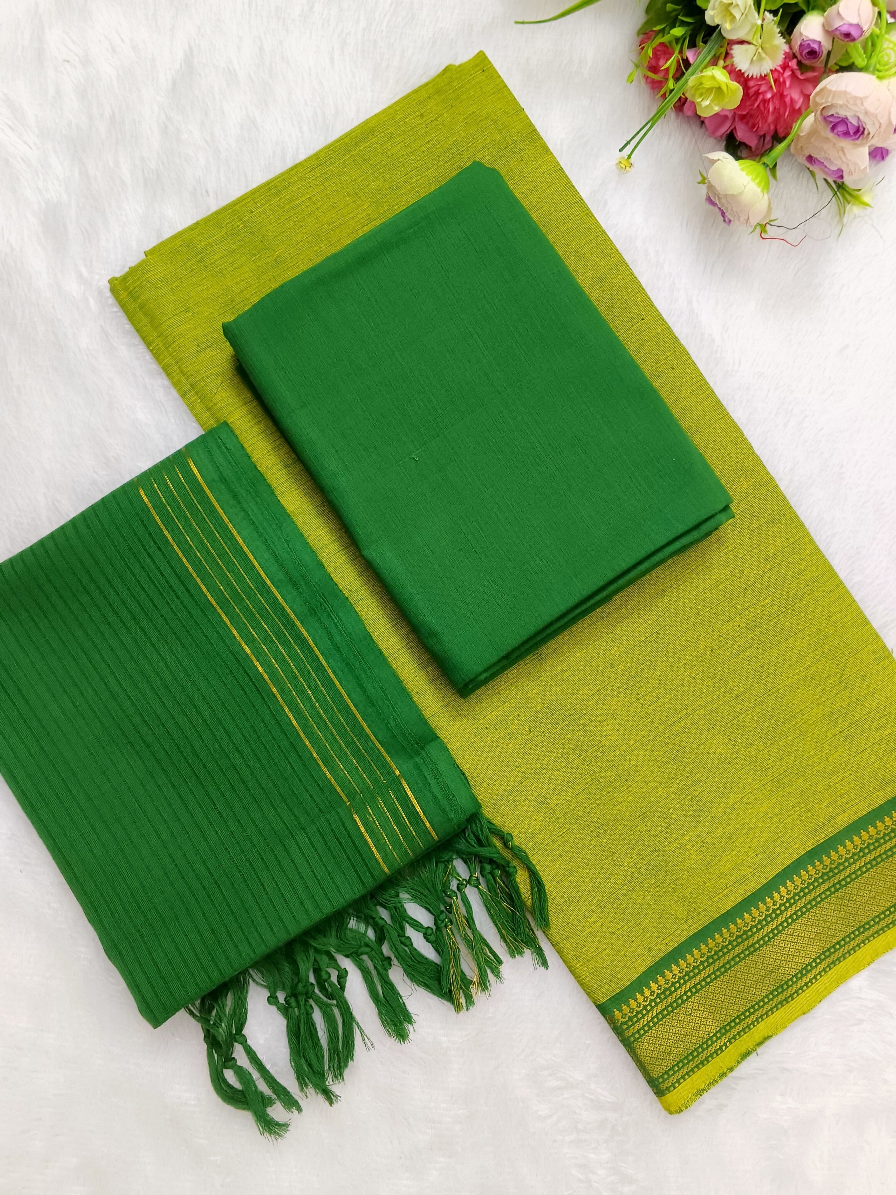apple green with leaf green mangalagiri cotton 3 piece set