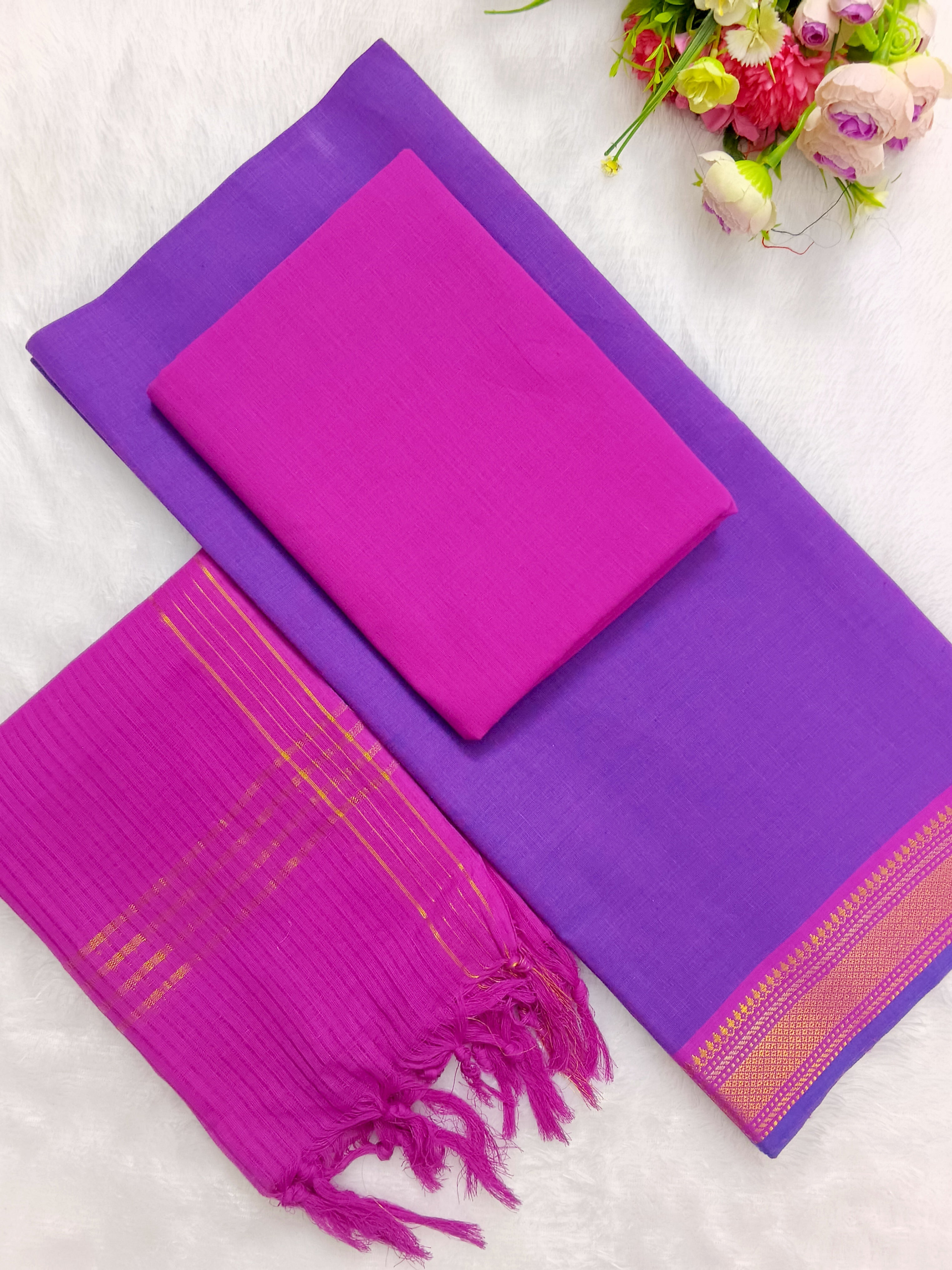 purple with pink mangalagiri cotton 3 piece set
