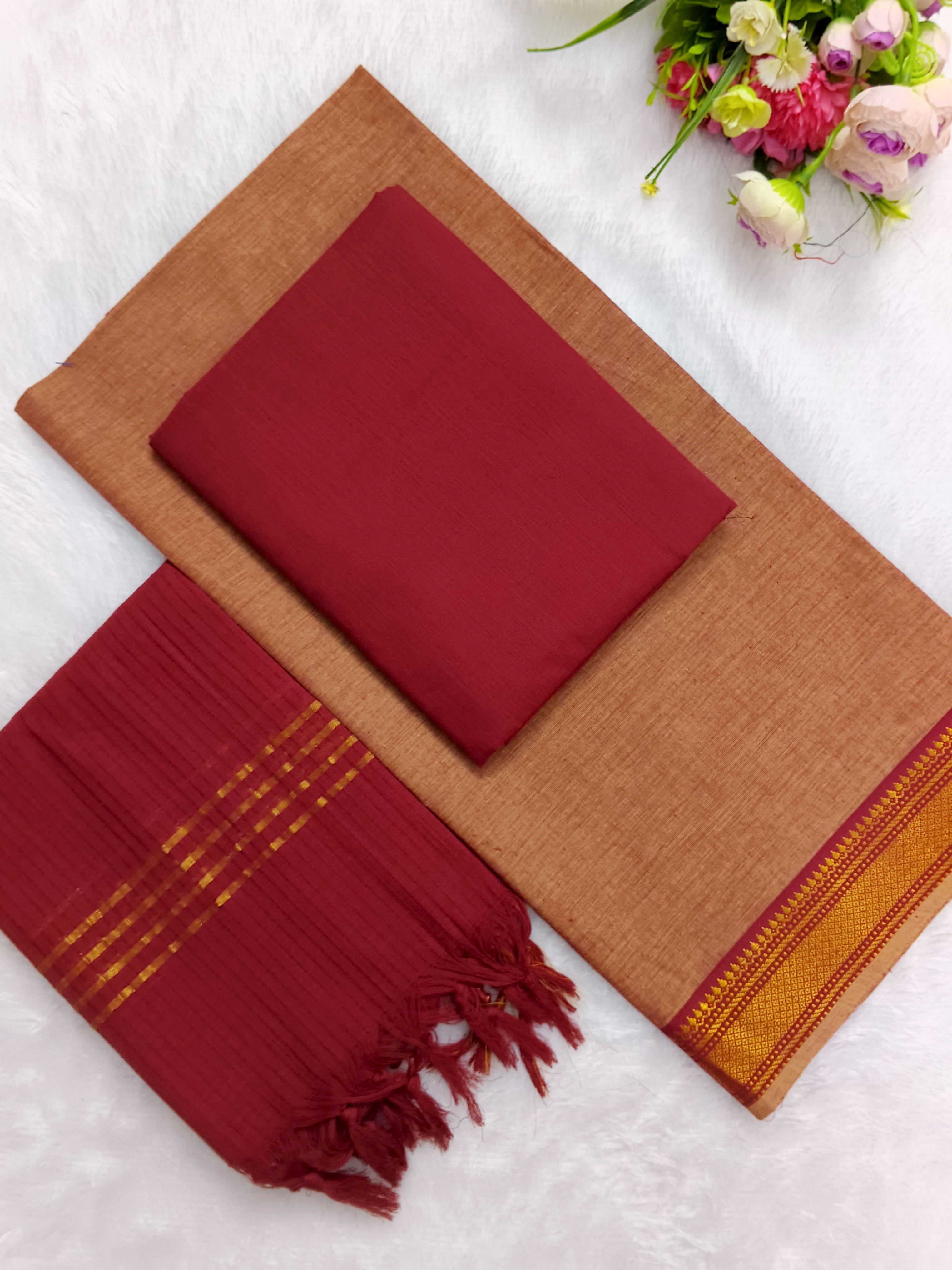 camel brown with deep marron mangalagiri cotton 3 piece set