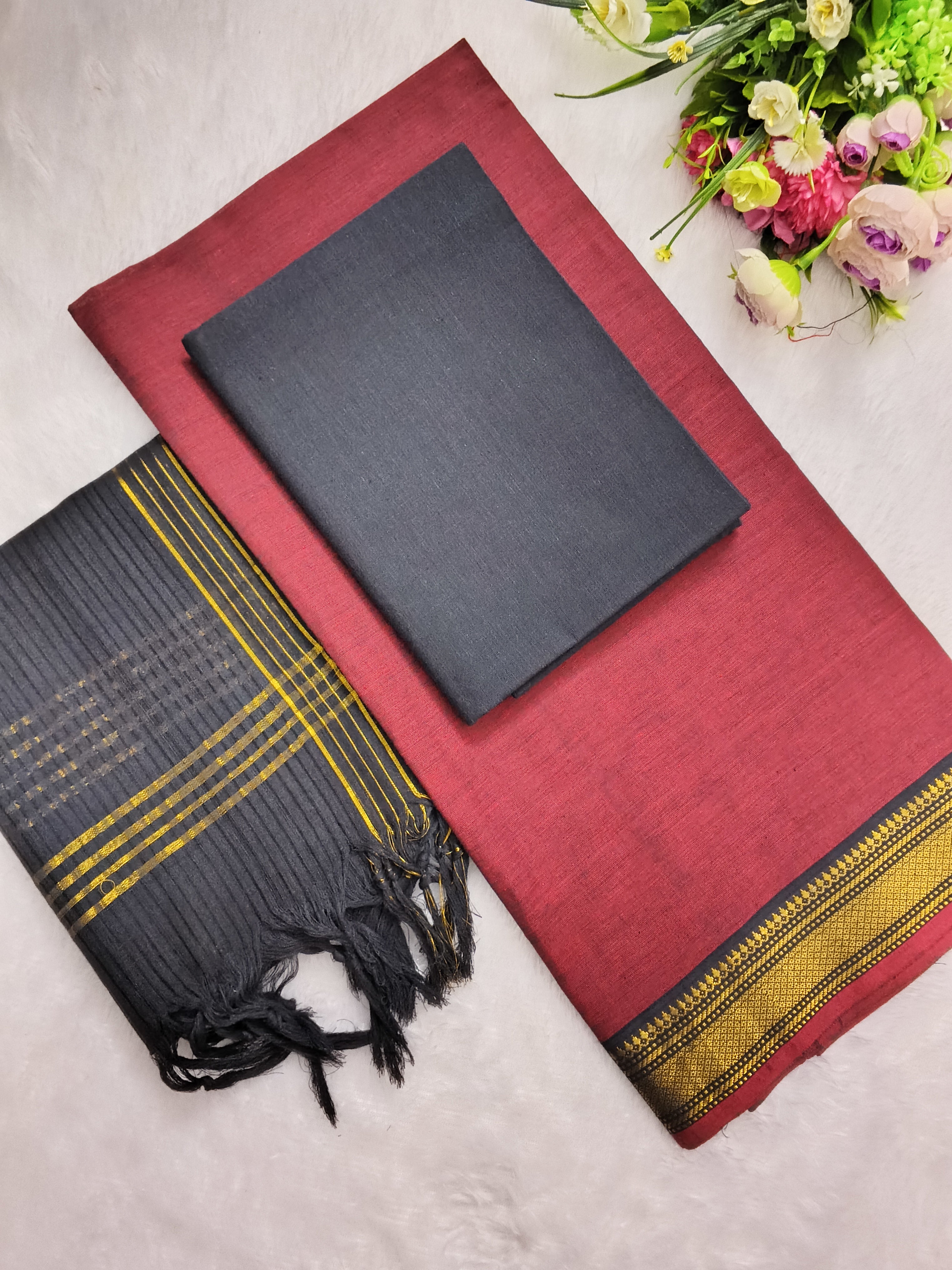 marron with black mangalagiri cotton 3 piece set
