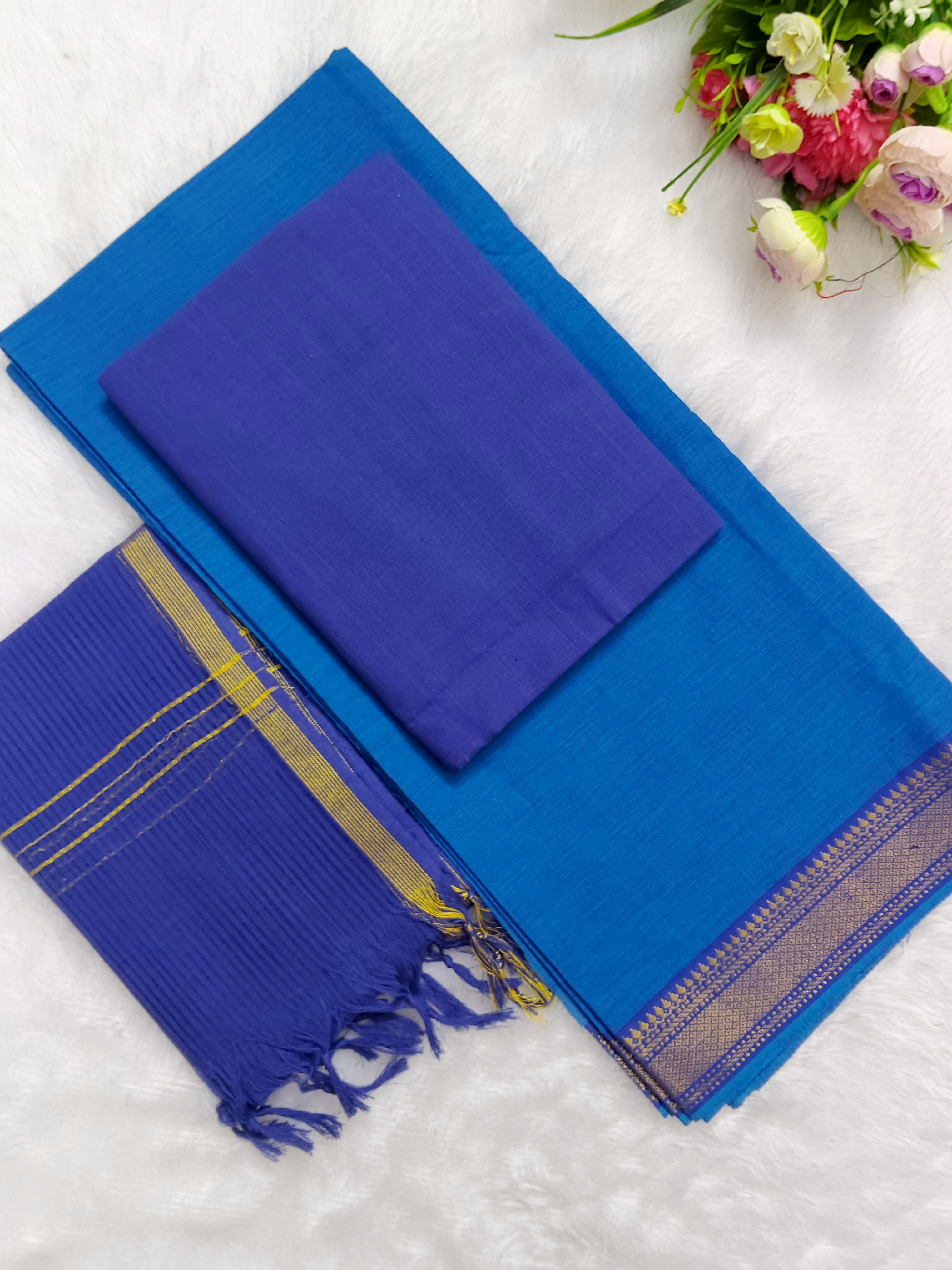 sky blue with royal blue mangalagiri 3 piece set