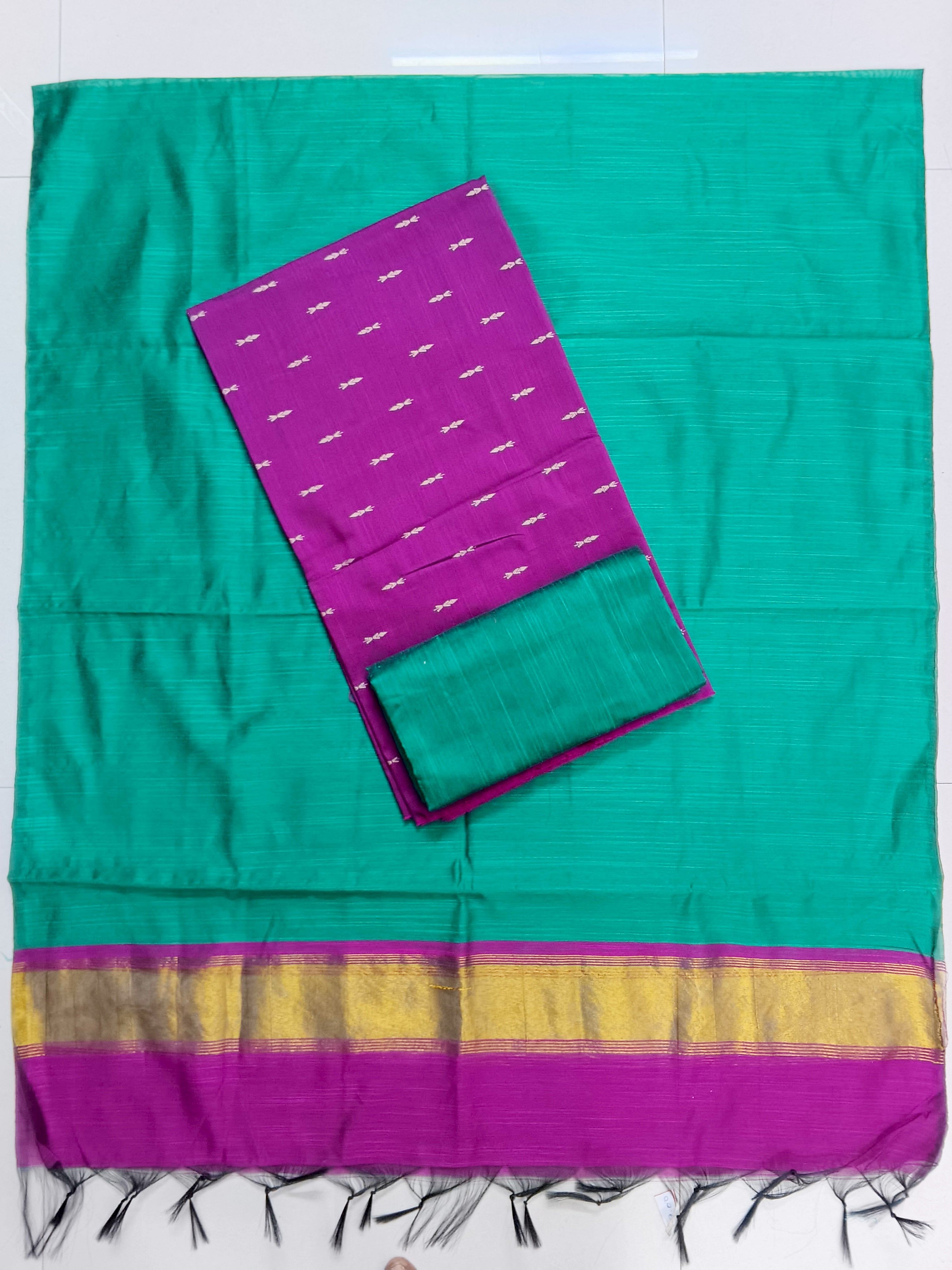 purple raw silk top with green duppata 3 piece set