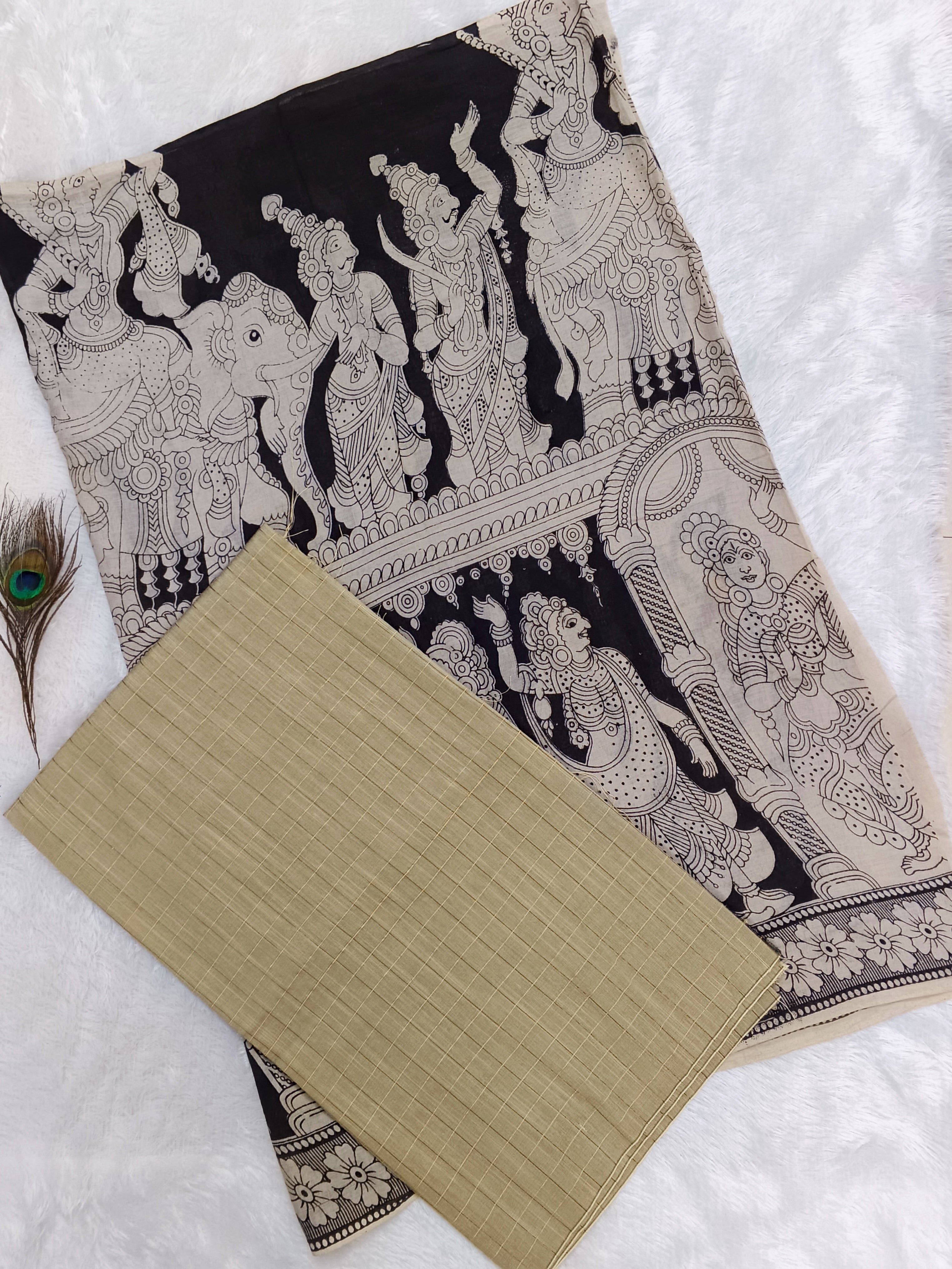 half white raw silk top with black kalamkari duppata