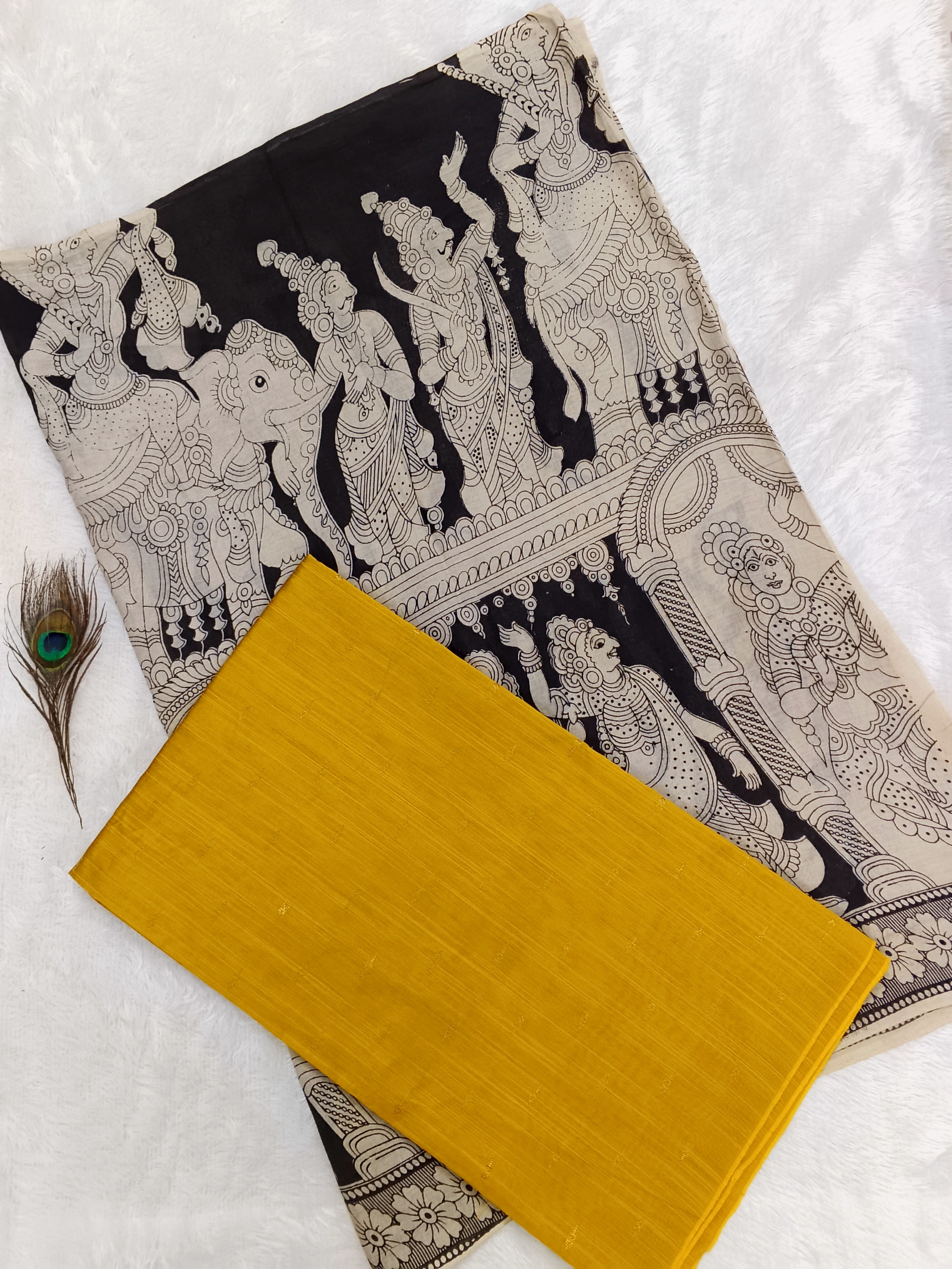 yellow raw silk top with black kalamkari duppata