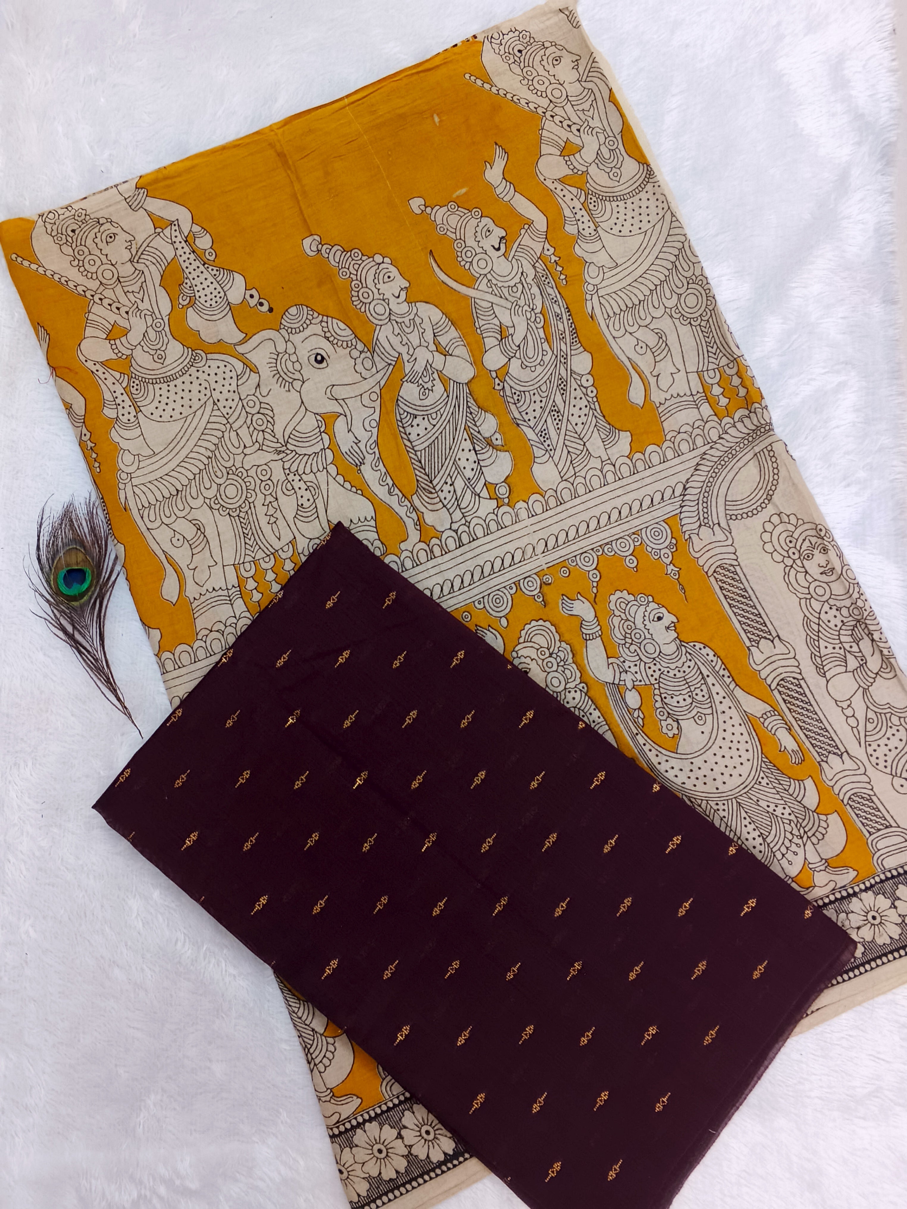 dark brown raw silk top with yellow kalamkari duppata