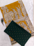 bottle green raw silk top with yellow cotton kalamkari duppata