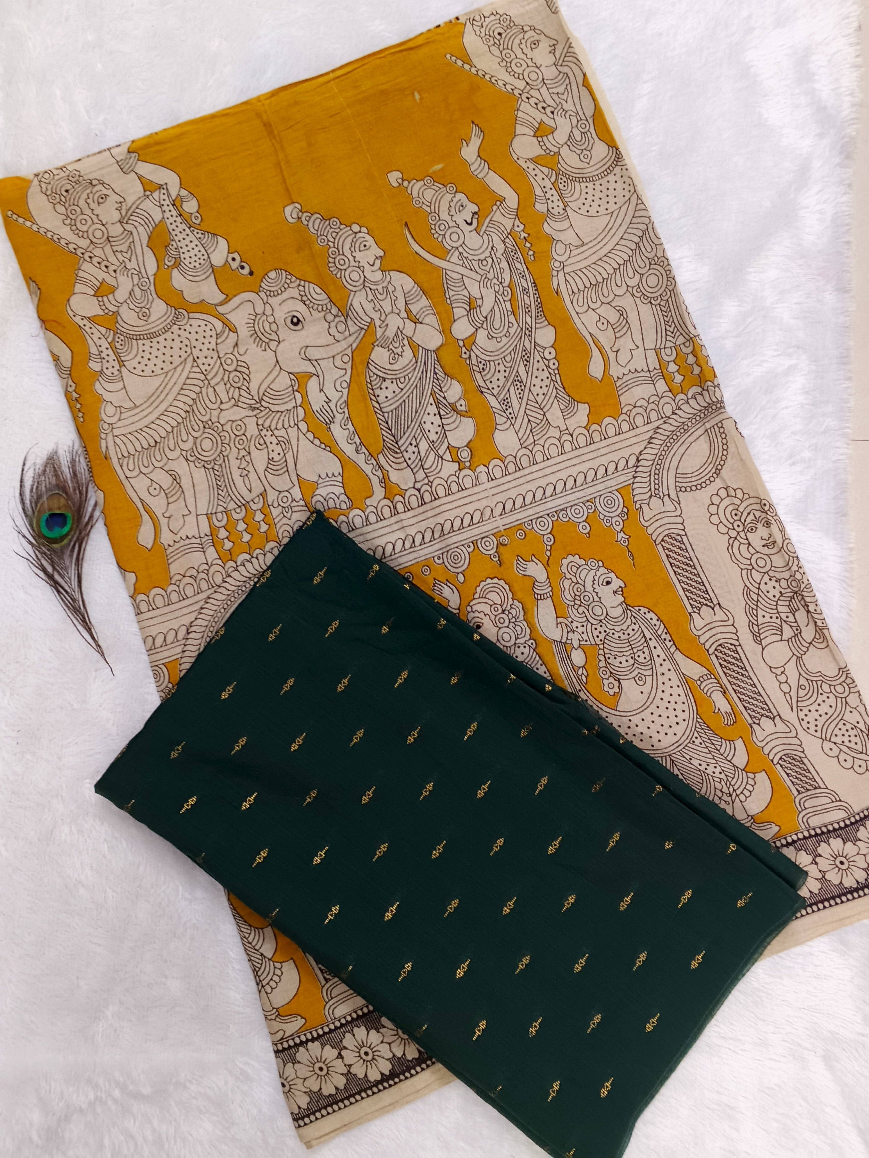 bottle green raw silk top with yellow cotton kalamkari duppata