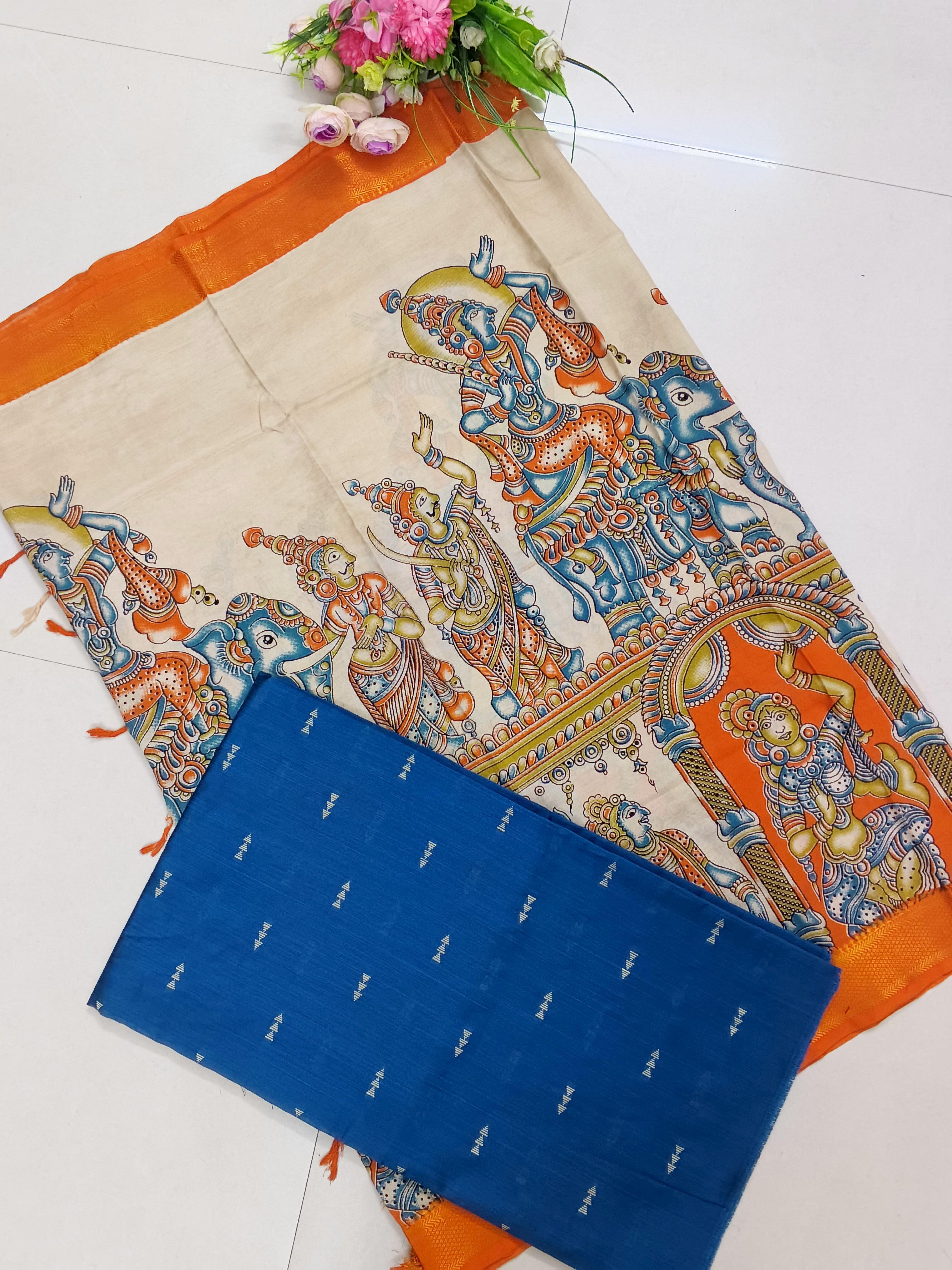 mayil green top with orange chennuri silk nizam border duppata 2 piece set