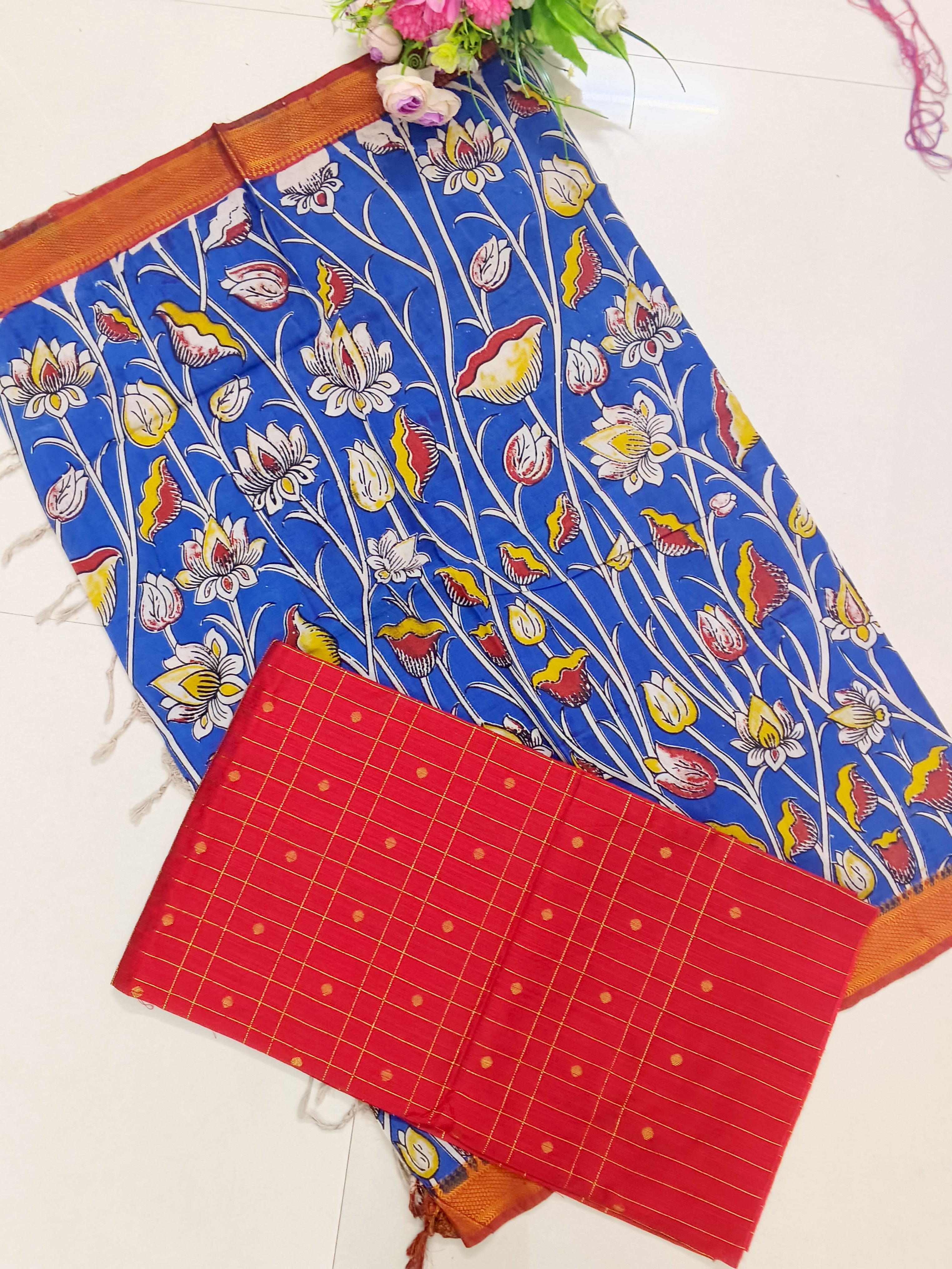 red top with royal blue chennuri silk nizam border duppata 2 piece set