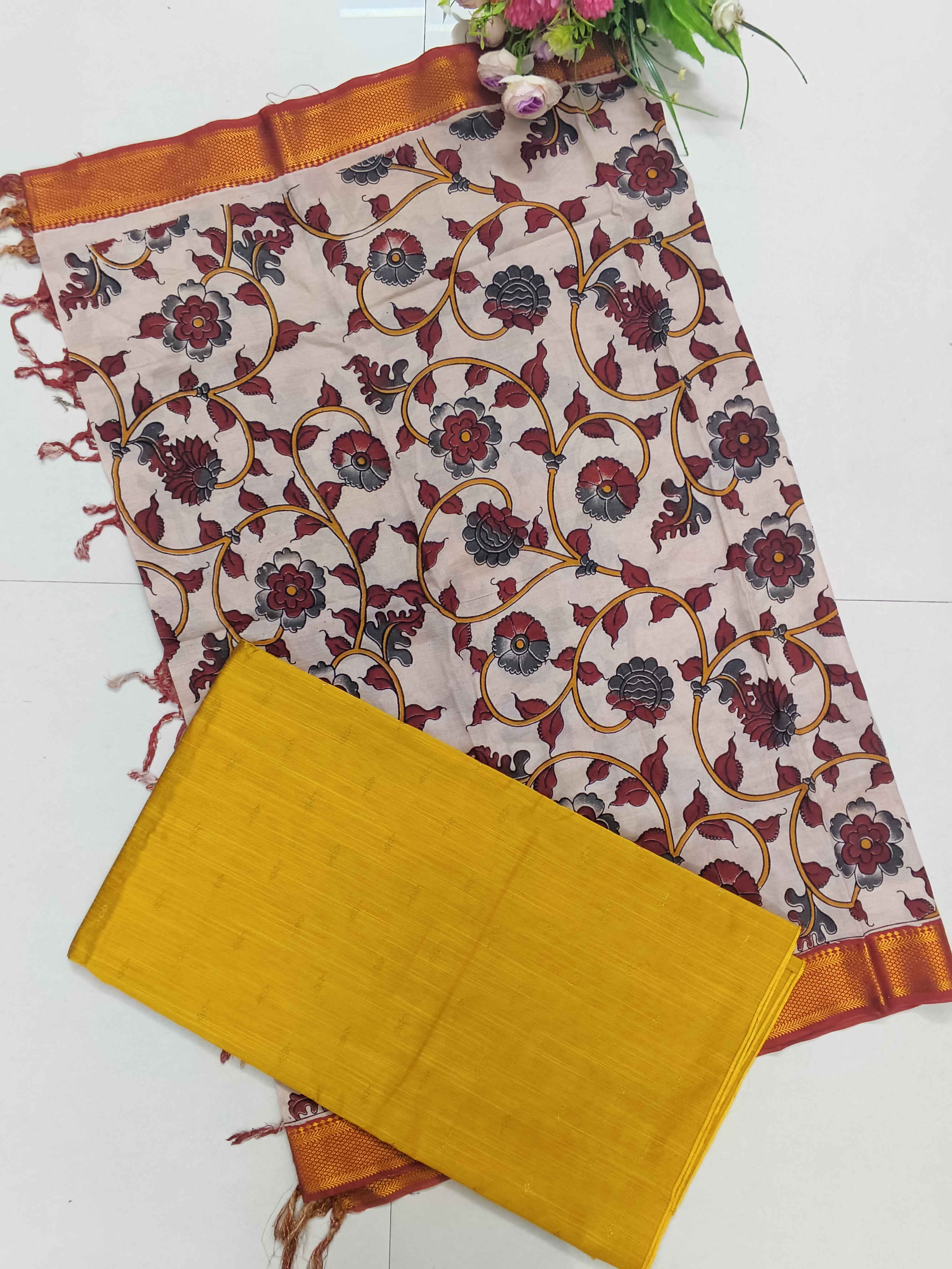 yellow top with marron chennuri silk nizam border duppata 2 piece set