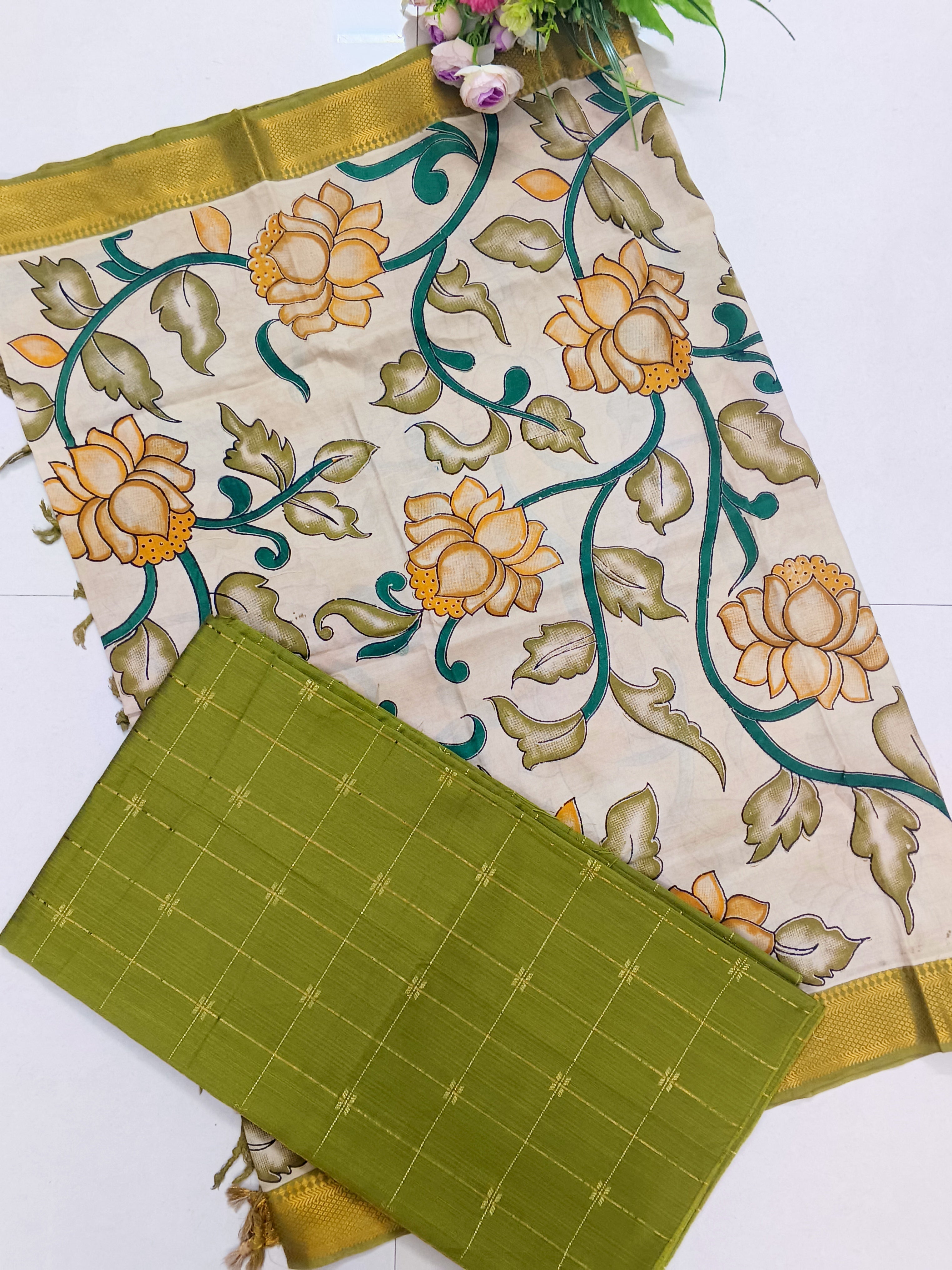 mehandi green chennuri silk nizam border duppata 2 piece set