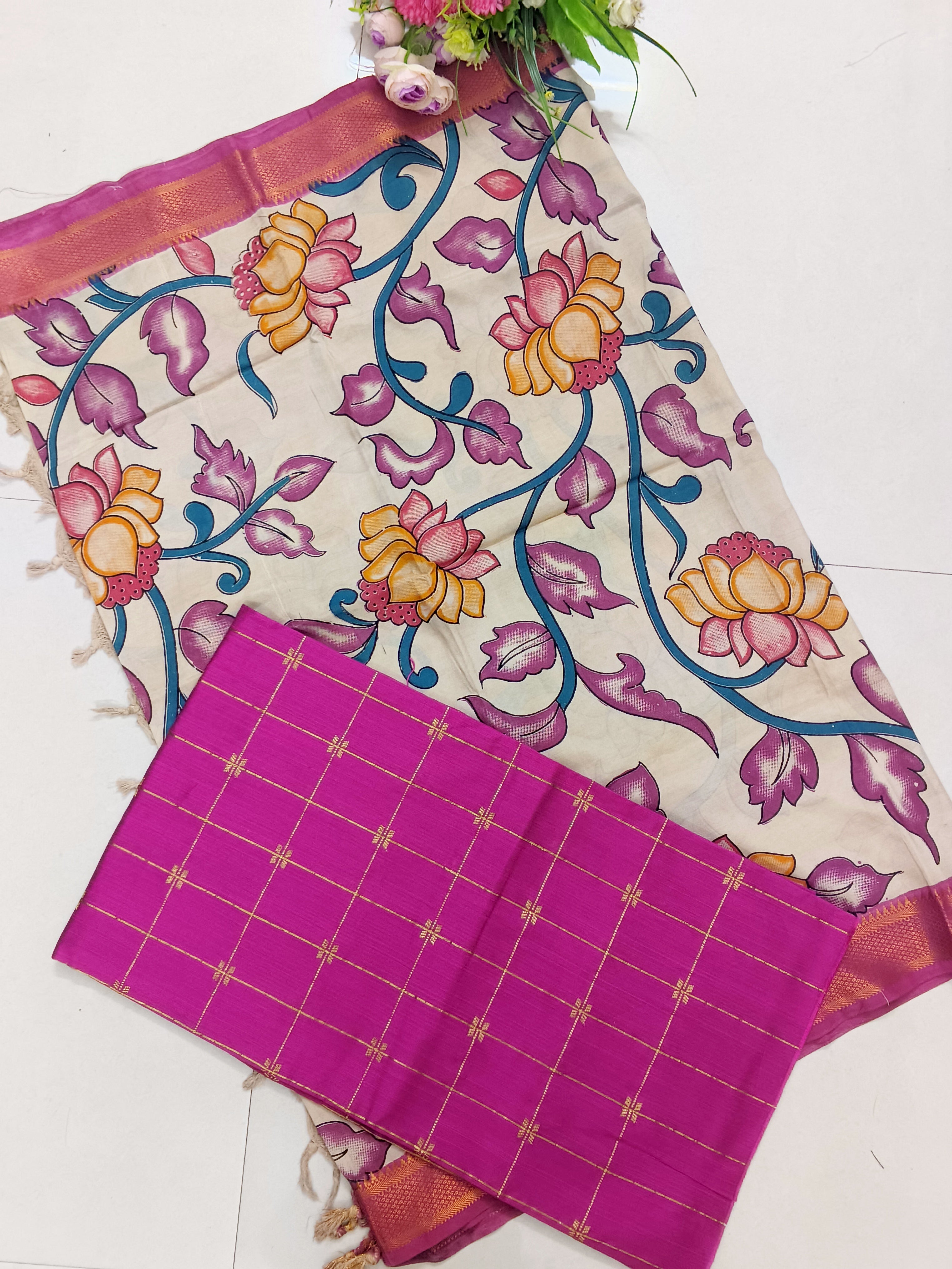 dark pink chennuri silk nizam border duppata 2 piece set