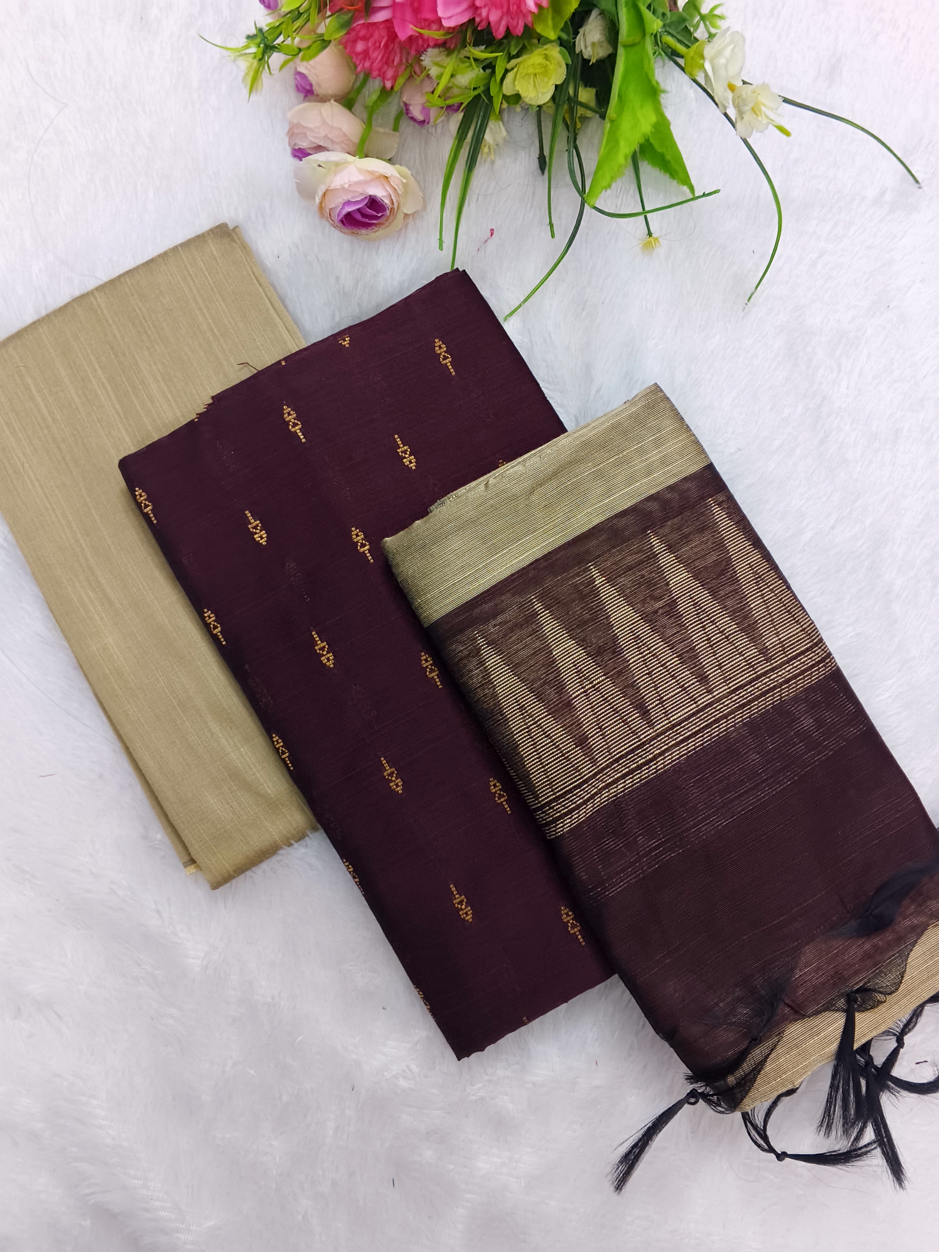 dark brown raw silk 3 piece set