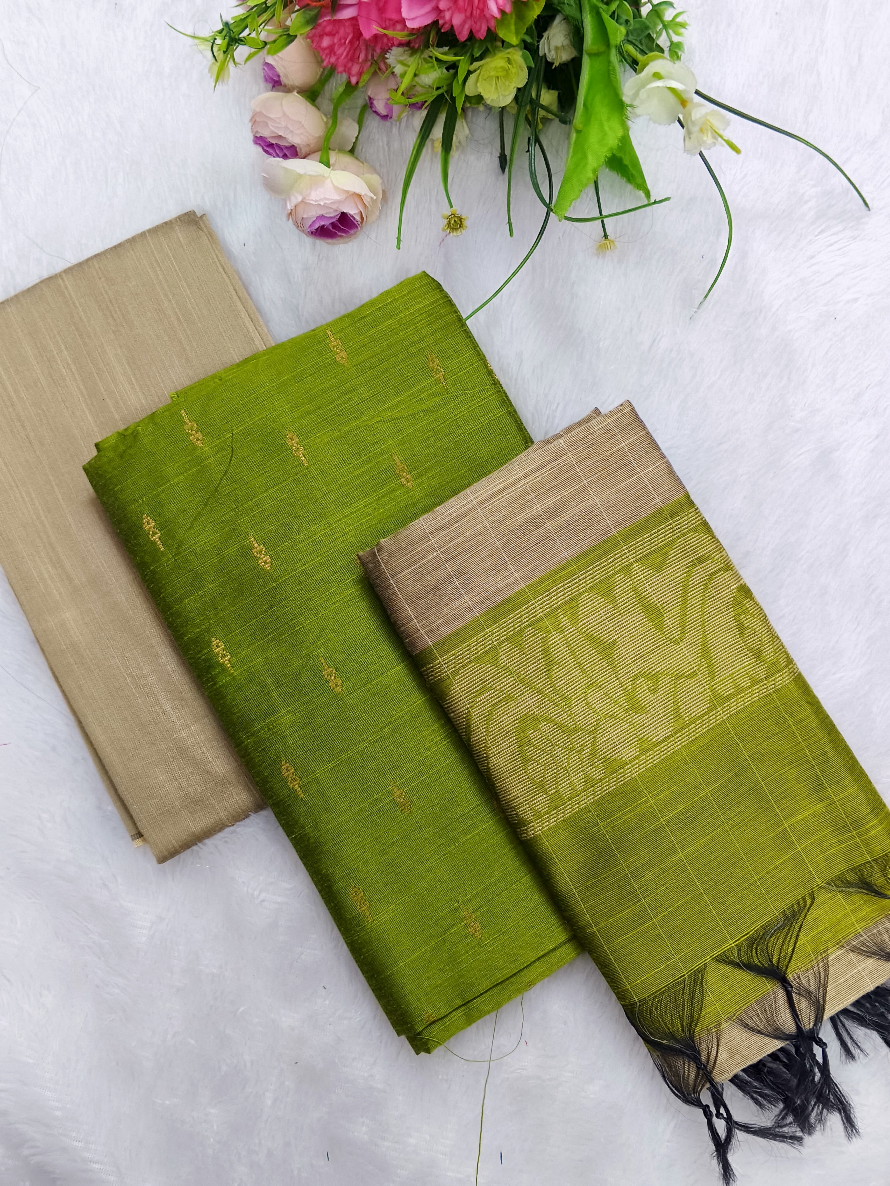 mehandi green raw silk 3 piece set