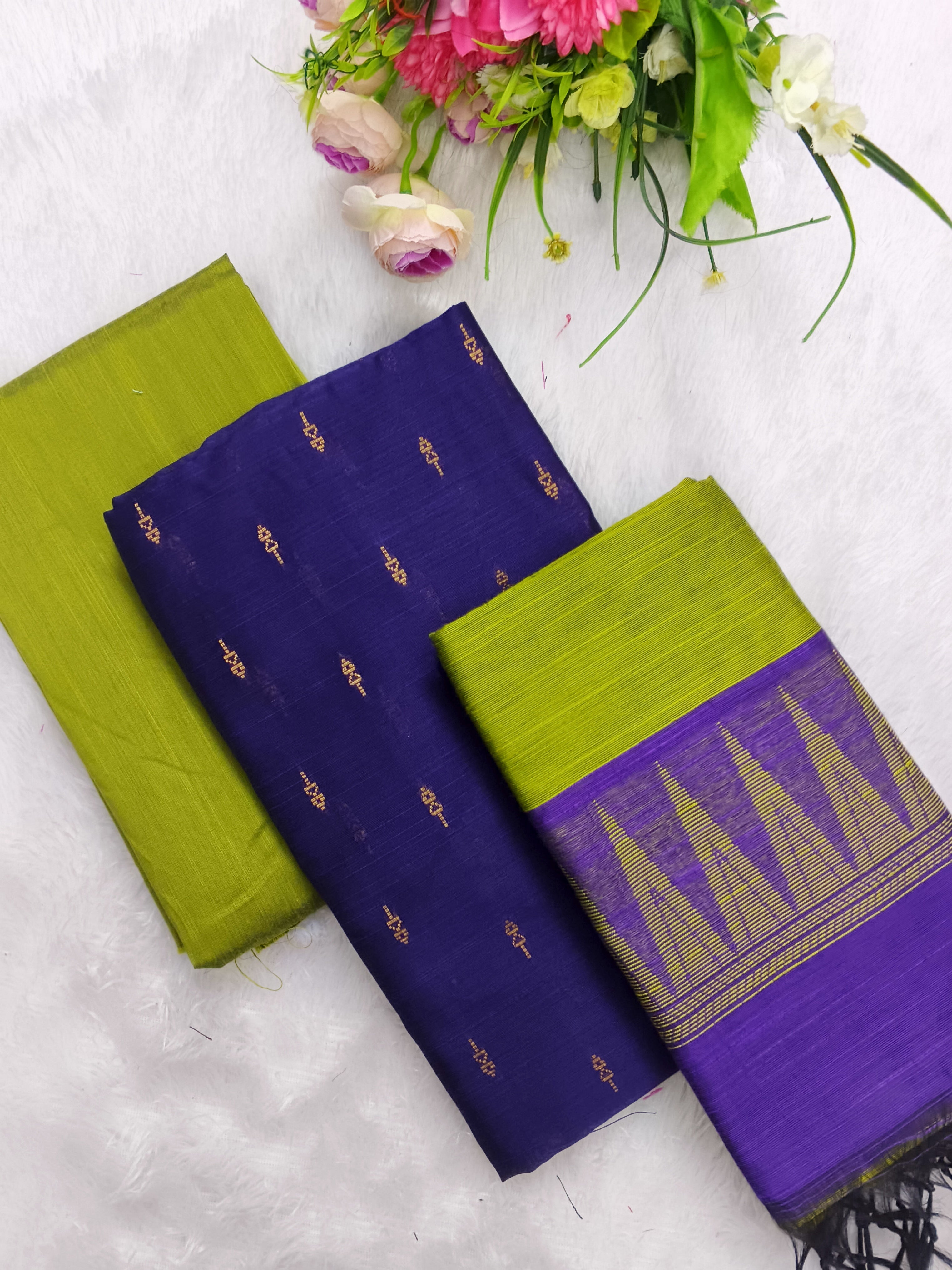 violet with mehandi green raw silk 3 piece set