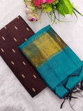 brown raw silk top with mayil blue tissue border duppata