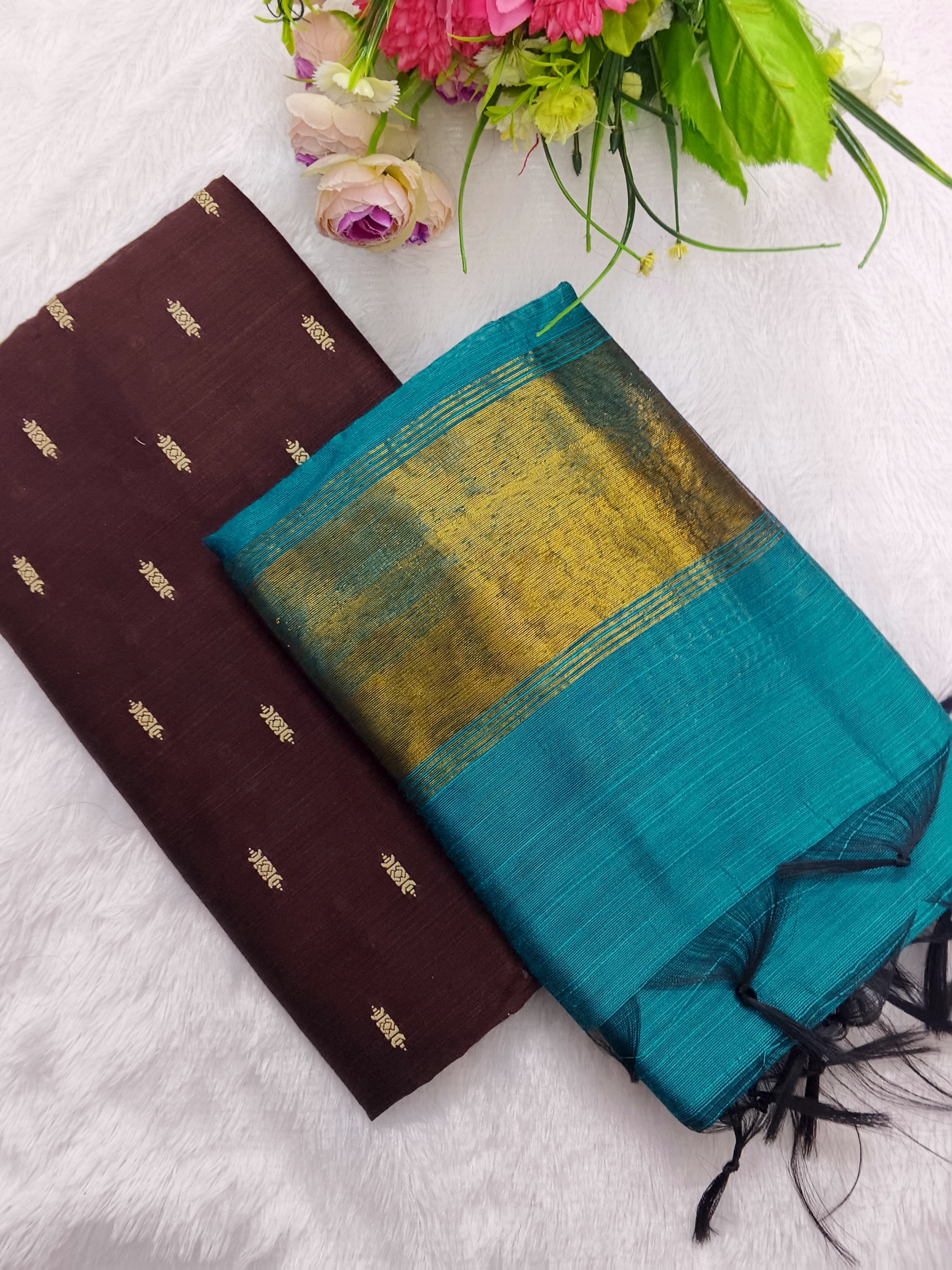 brown raw silk top with mayil blue tissue border duppata