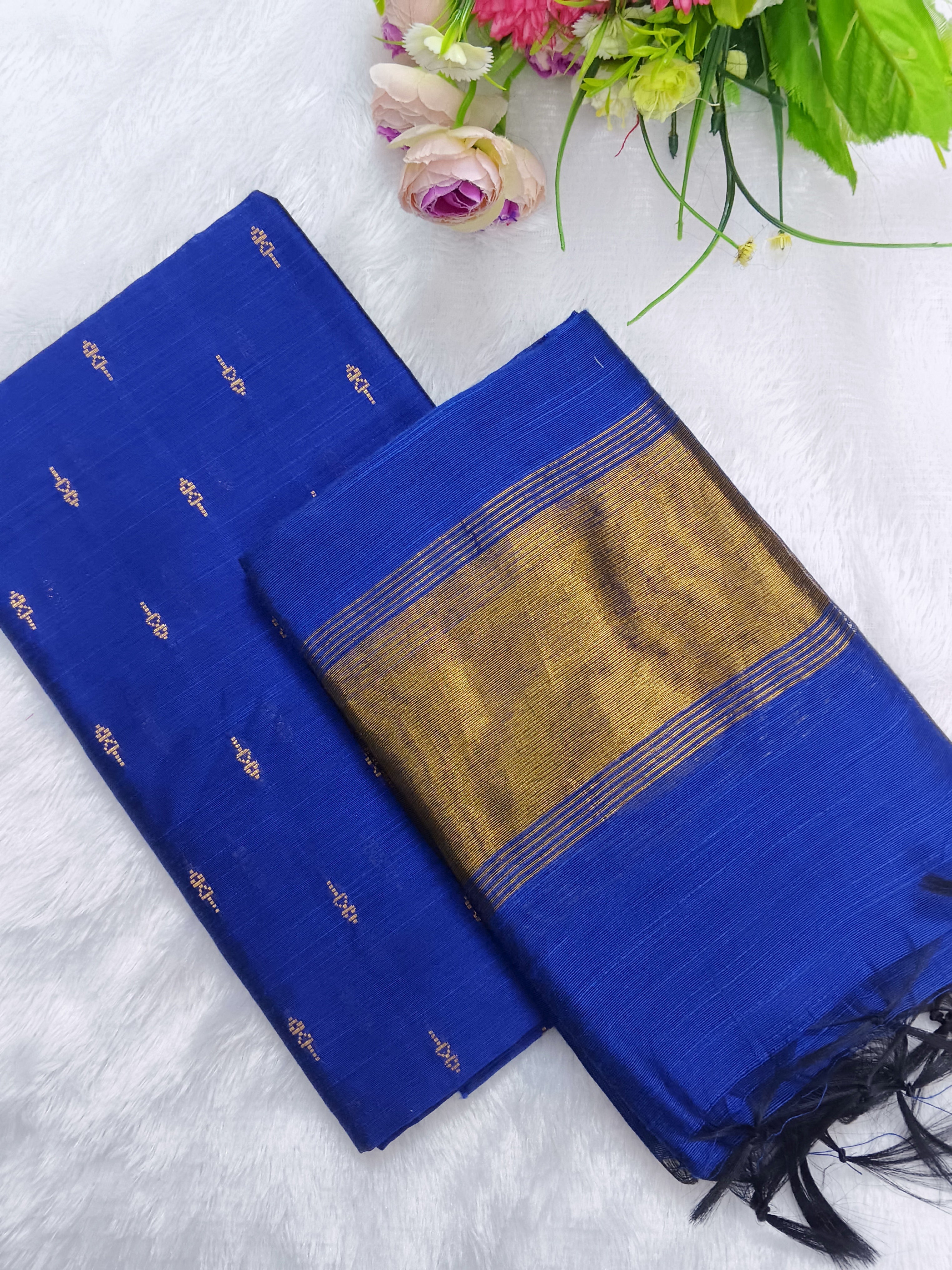 royal blue raw silk top with tissue border duppata