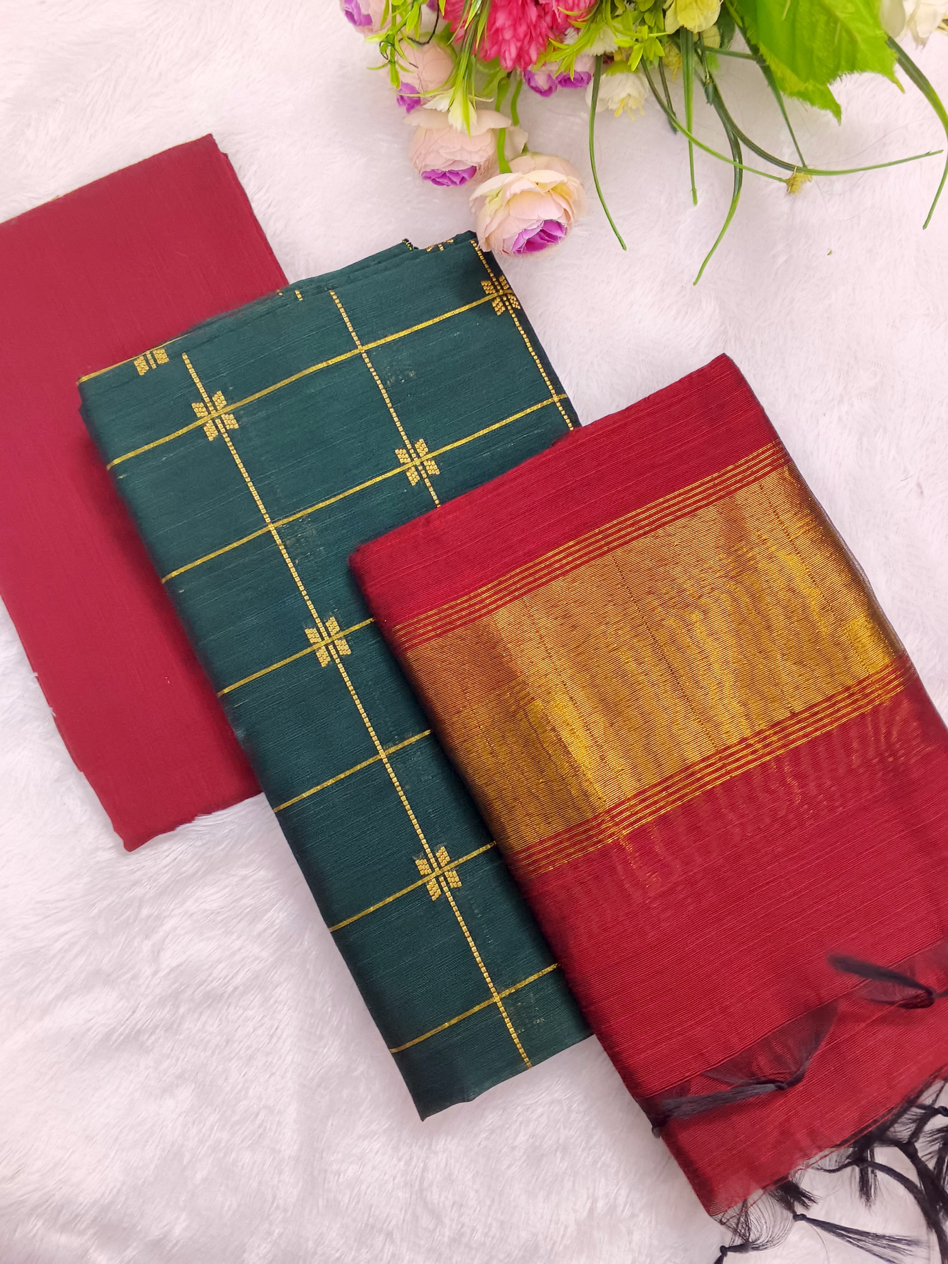 bottle green raw silk top with red tissue border duppata 3 piece set
