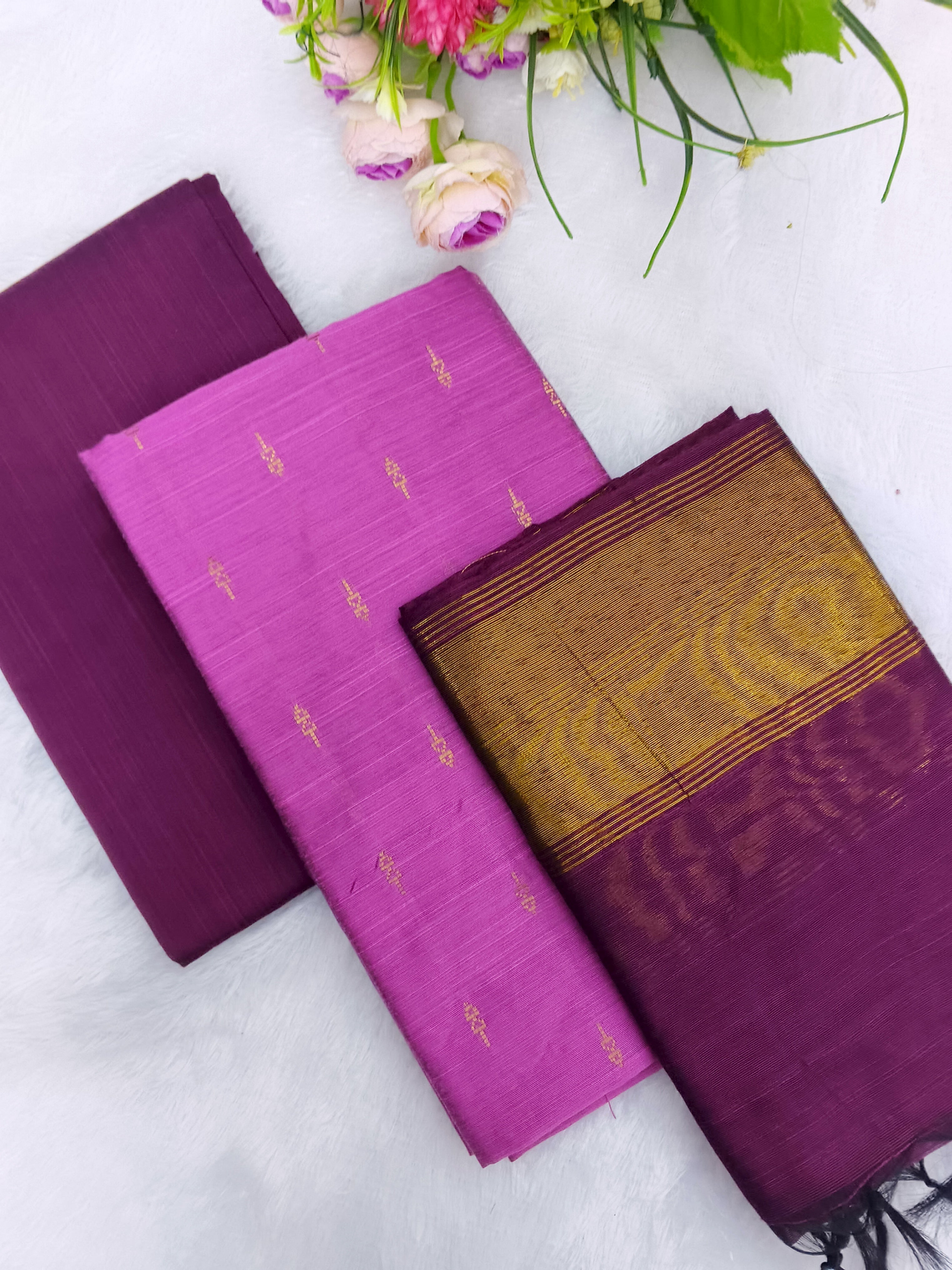 pink raw silk top with wine tissue border duppata 3 piece set