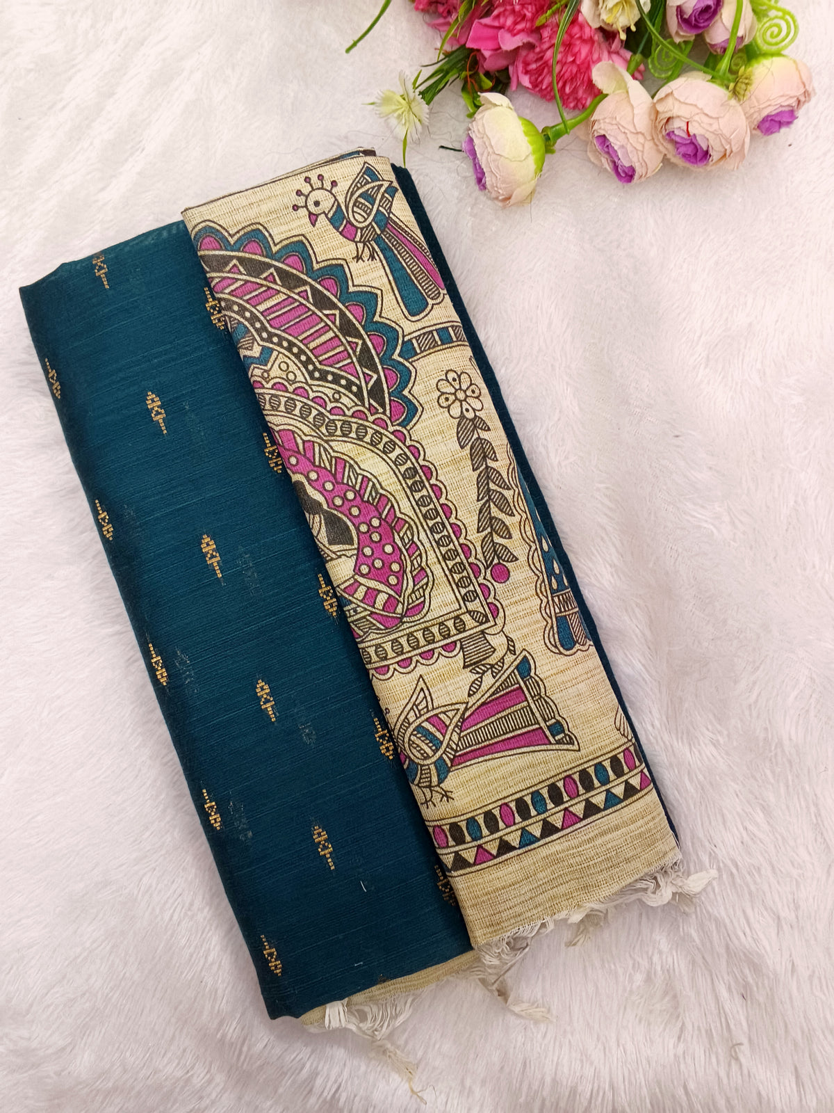 peocock colour raw silk top with madhubani duppata 3 piece set