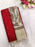 red raw silk top with madhubani duppata 3 piece set