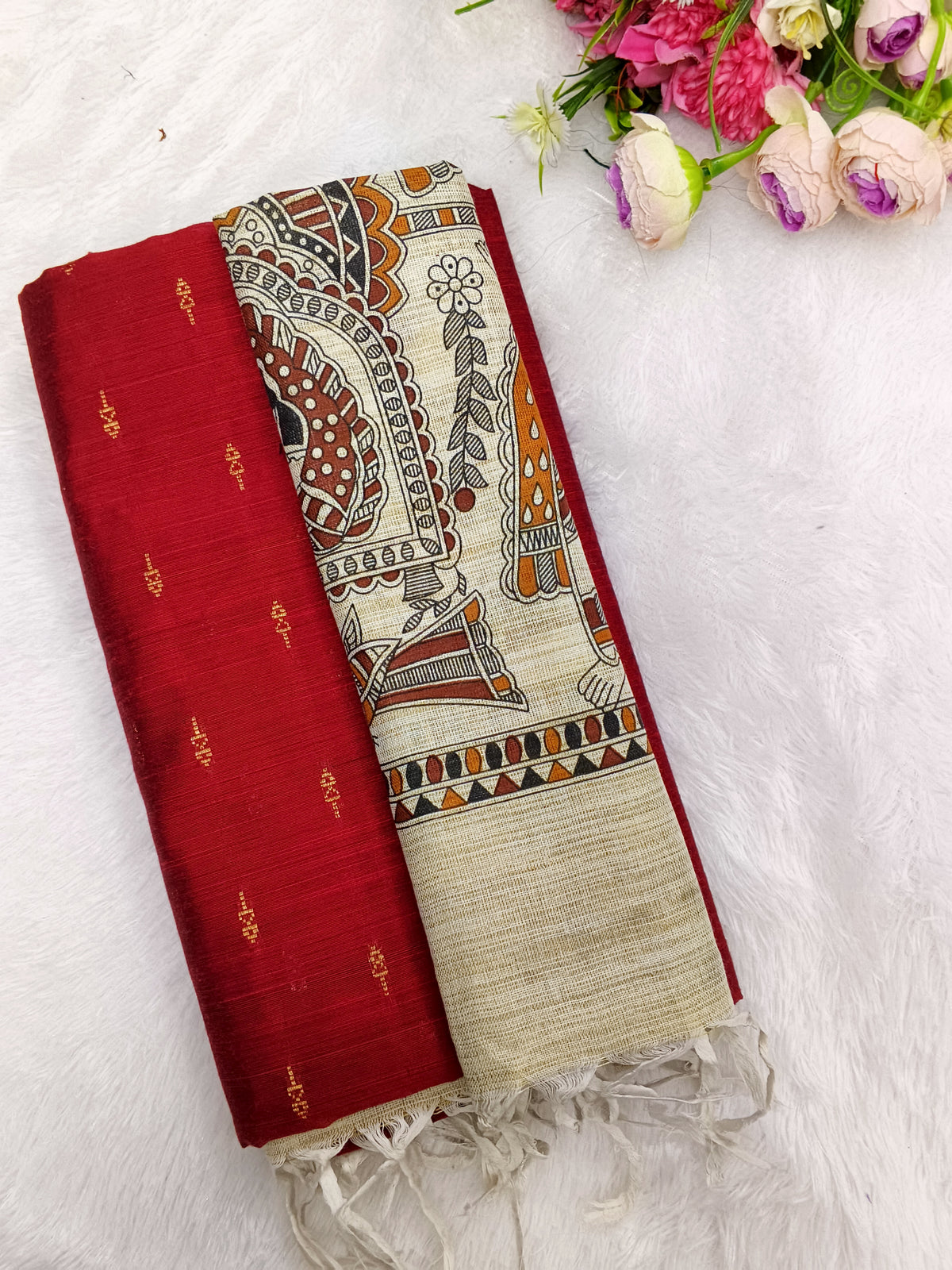red raw silk top with madhubani duppata 3 piece set