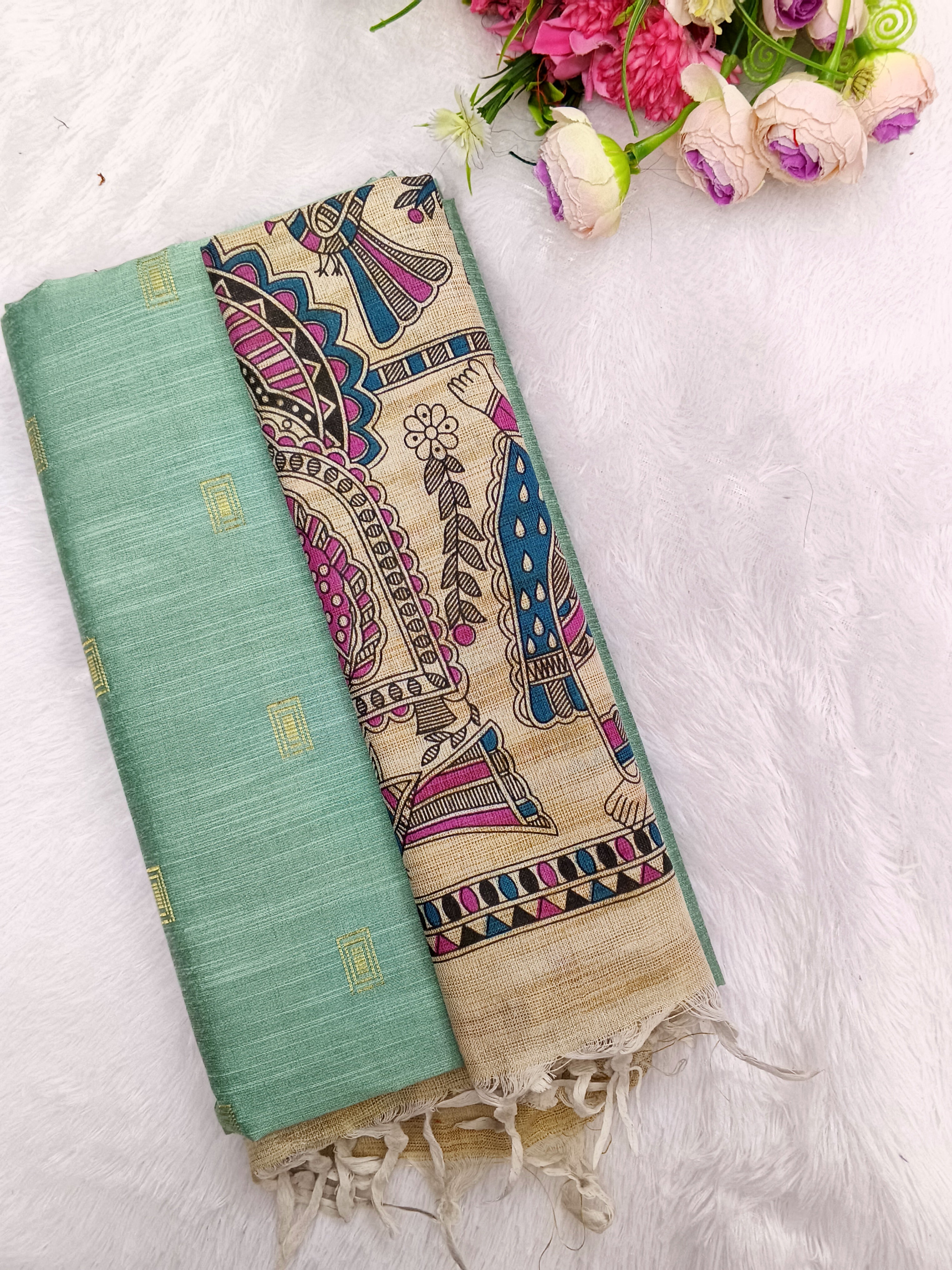 c.green raw silk top with madhubani 3 piece set