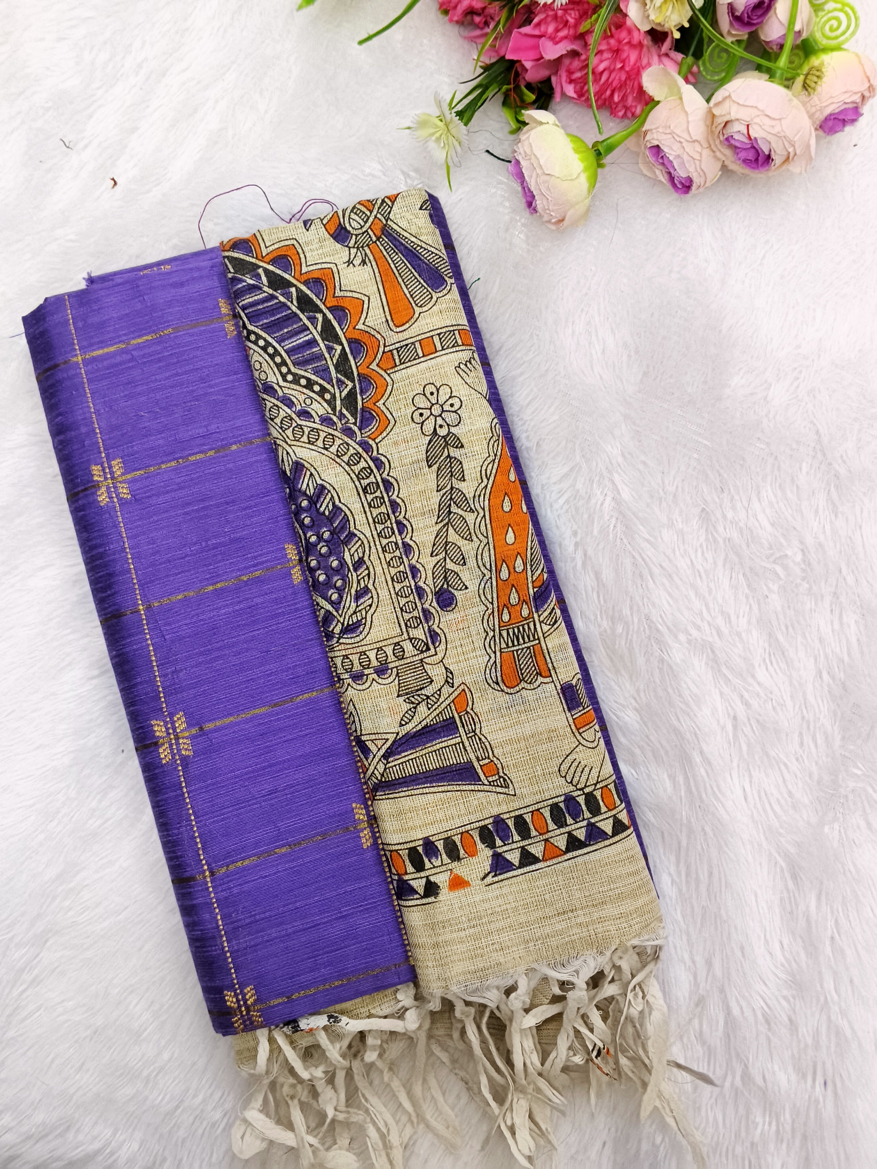 lavendor raw silk top with madhubani 3 piece set