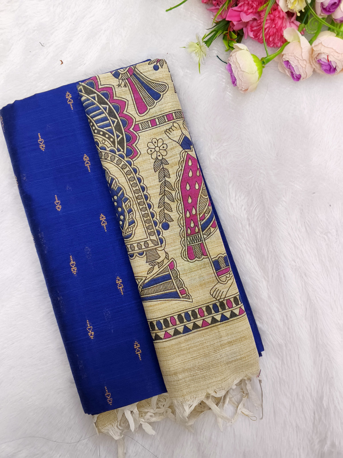 royal blue raw silk top with madhubani duppata 3 piece set