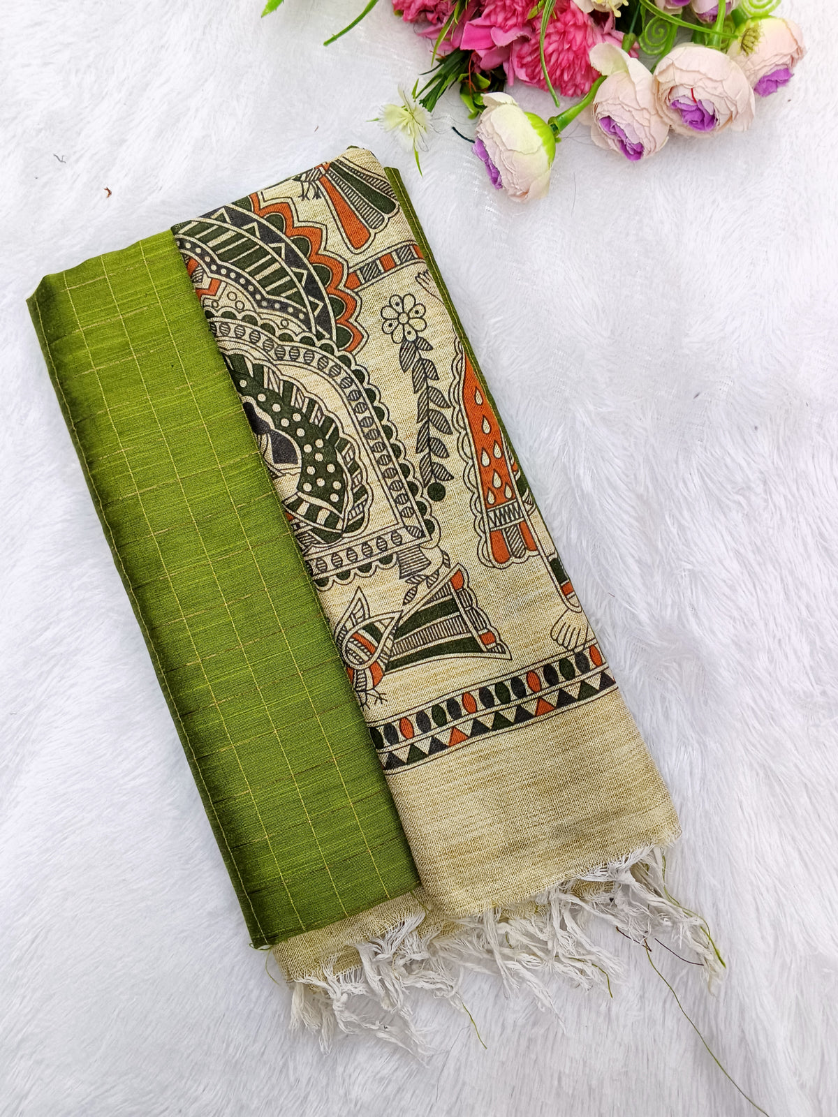 mehandi green raw silk top with madhubani duppata 3 piece set