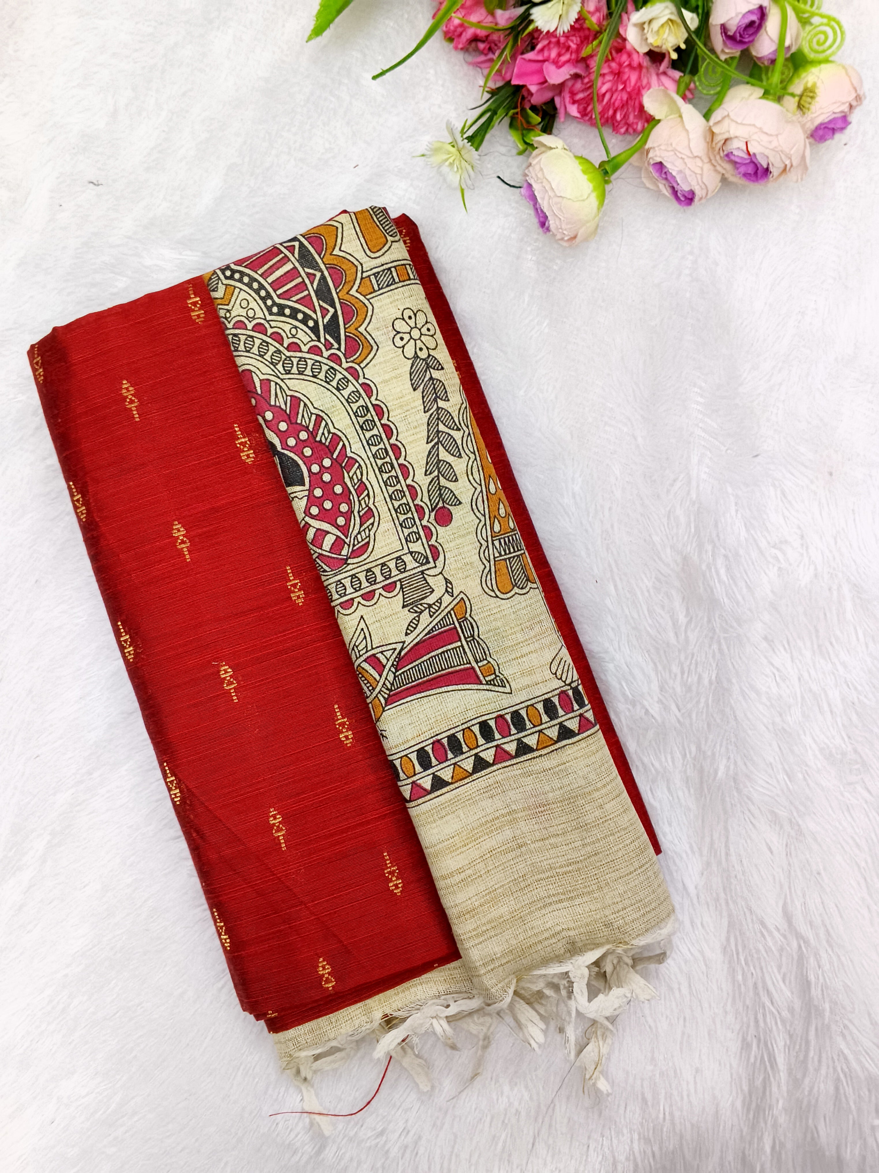 red raw silk top with madhubani 3 piece set