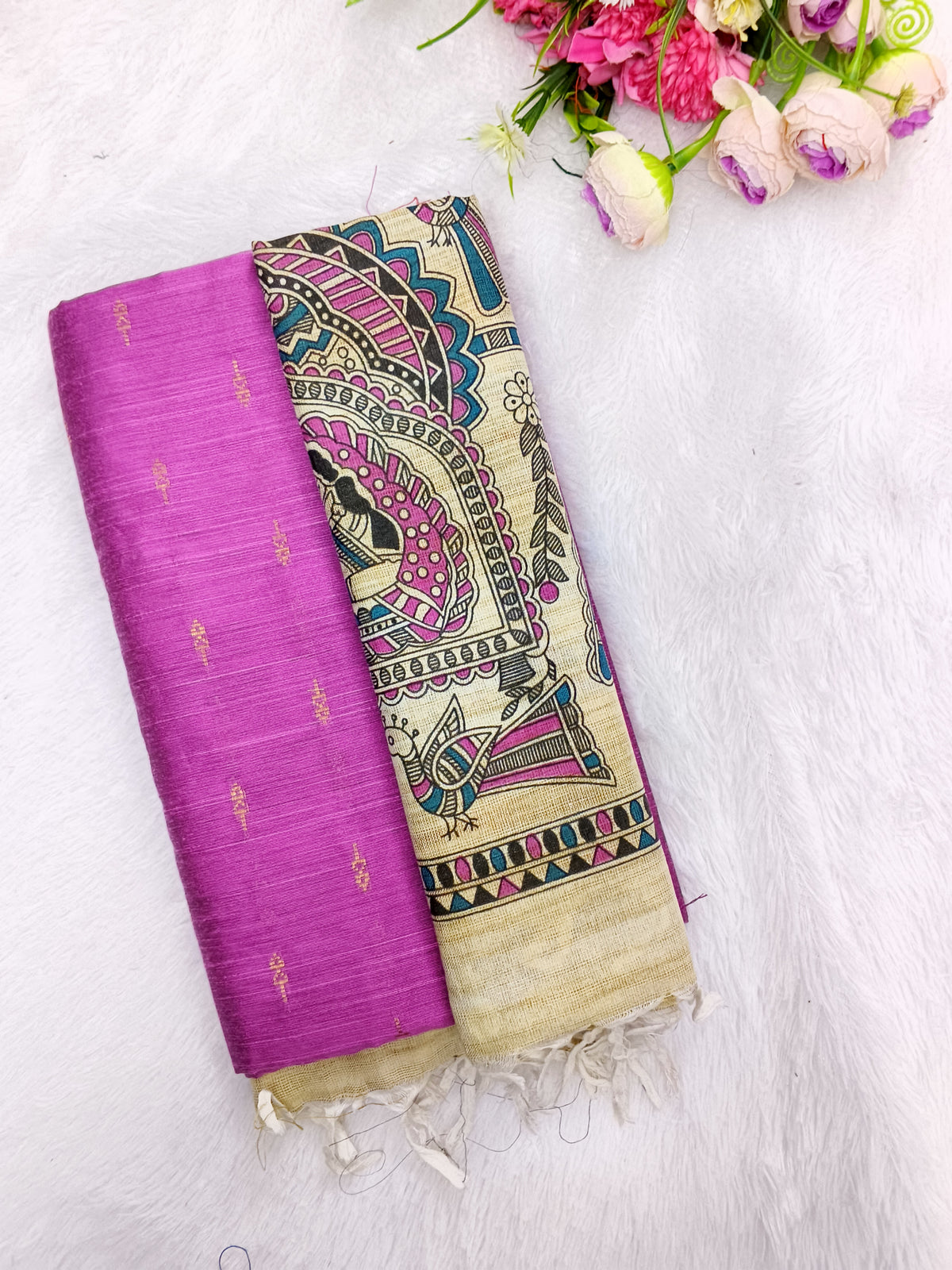 pink raw silk top with madhubani duppata 3 piece set
