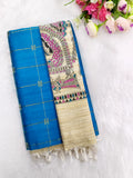 skyblue raw silk top with madhubani duppata 3 piece set